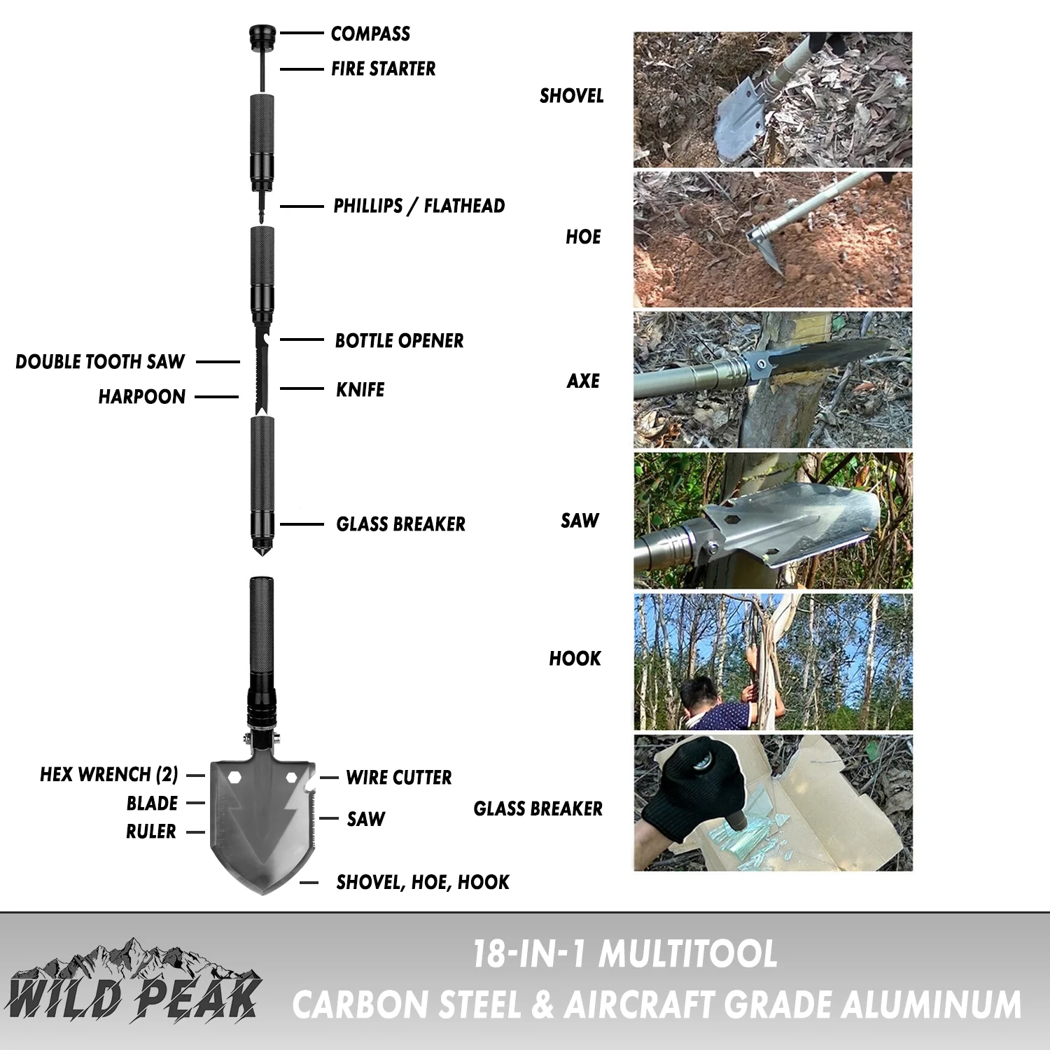 Wild Peak APEX1 18-in-1 Multitool Steel Emergency Shovel with Carrying Pouch for Survival, Military, Camping, Hiking, Climbing, Bug-Out Bag, Backpacking (Black)