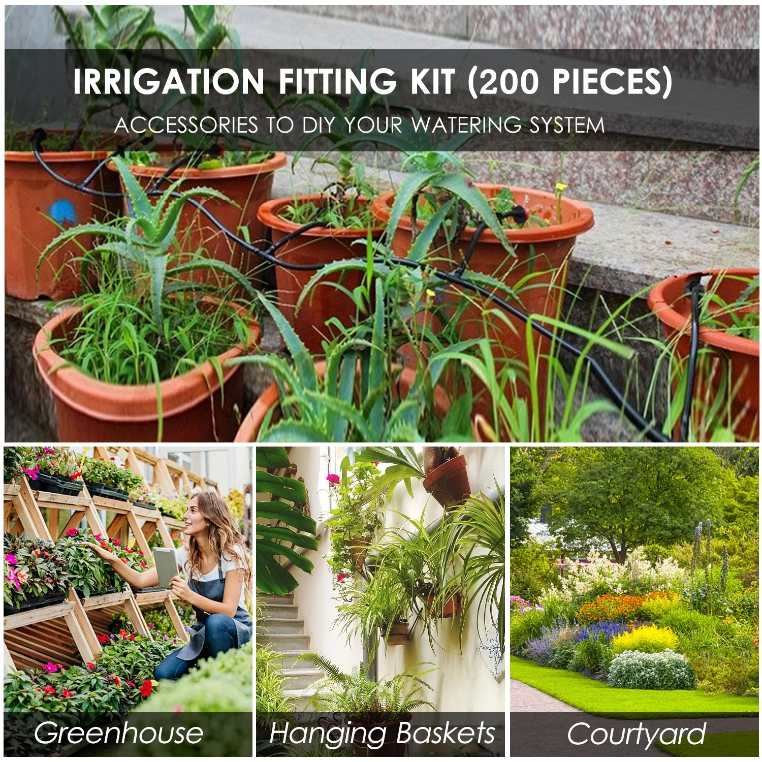 Lixada Drip Irrigation Fitting Kit 200 Pieces Barbed Connectors Compatible with 1/4 Inch Water Hose Garden Lawn Systems Including 20 4-Way Coupling, 20 Elbows, 80 Straight Barb