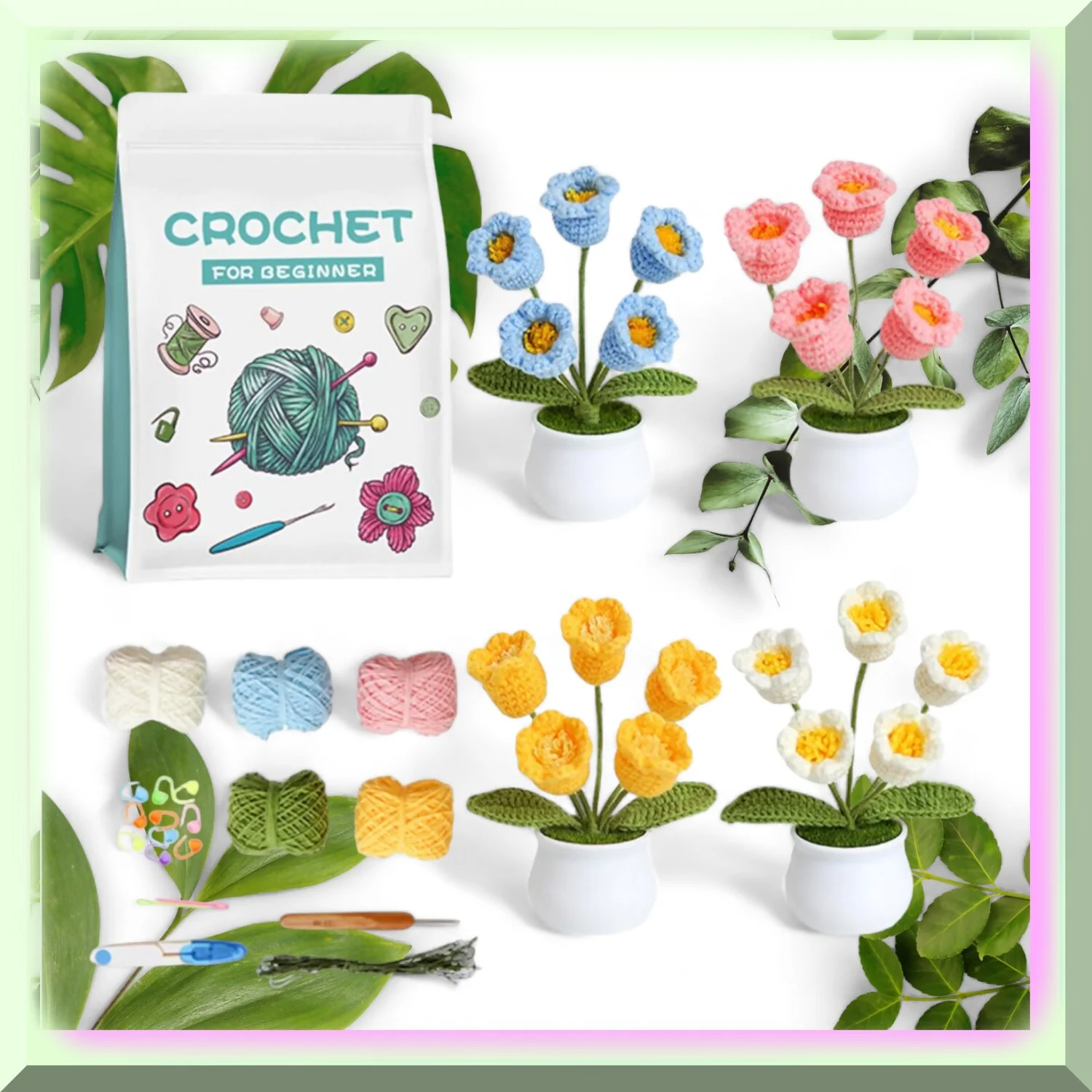 BlossomCraft: Complete Crochet and Knitting Kit with Video Tutorials and Upgraded Pot Plants - Perfect for Beginners!