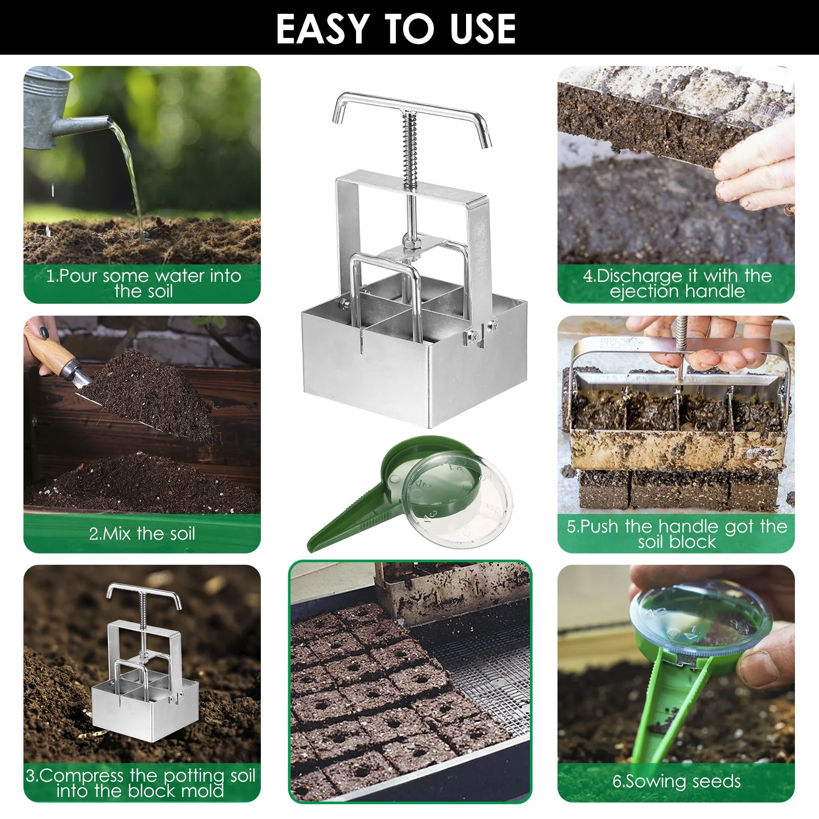 Handheld Soil Blocker 2-Inch Soil Block Maker Soil Blocking Tool with Dibbles Dibbers for Garden Cultivate seedlings and cultivate soil