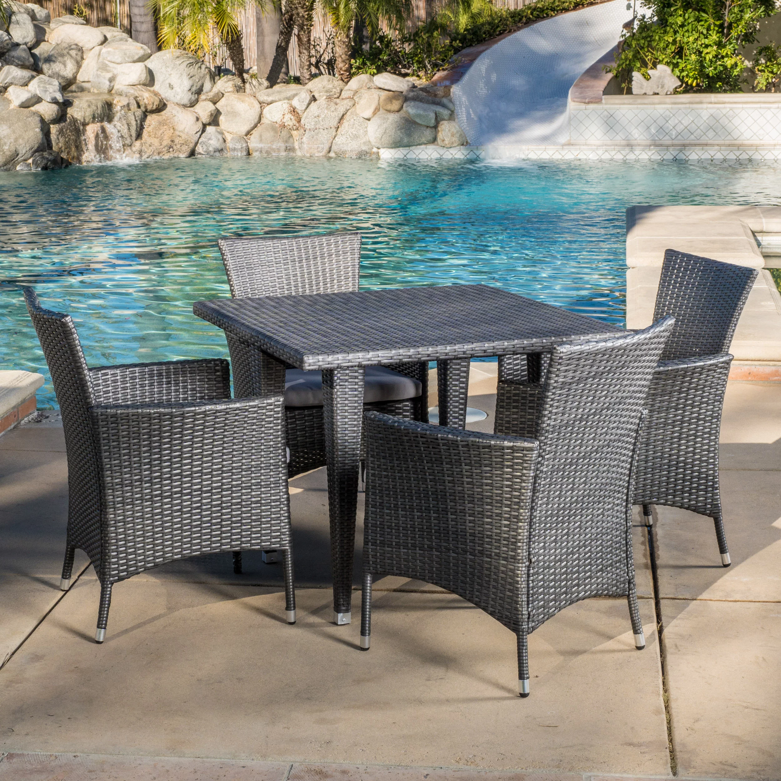 GDF Studio Jocelyn Outdoor Wicker 5 Piece Dining Set with Cushion, Gray