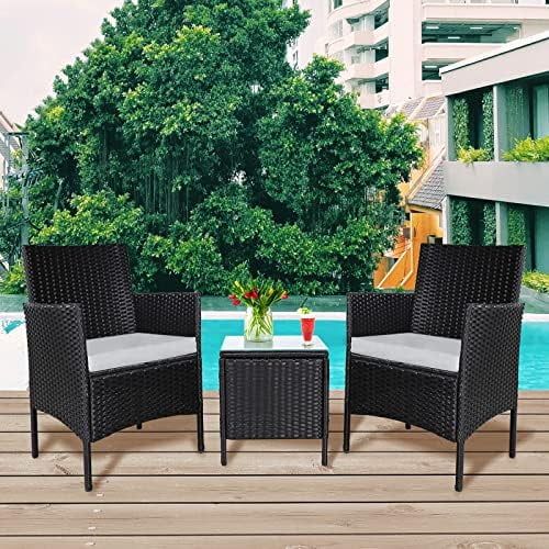 ZWBDJYC 3 Piece Chairs For Patio  Front Porch Outdoor Wicker Small    with Glass Top Coffee Table  (Red Thickened Cushion)