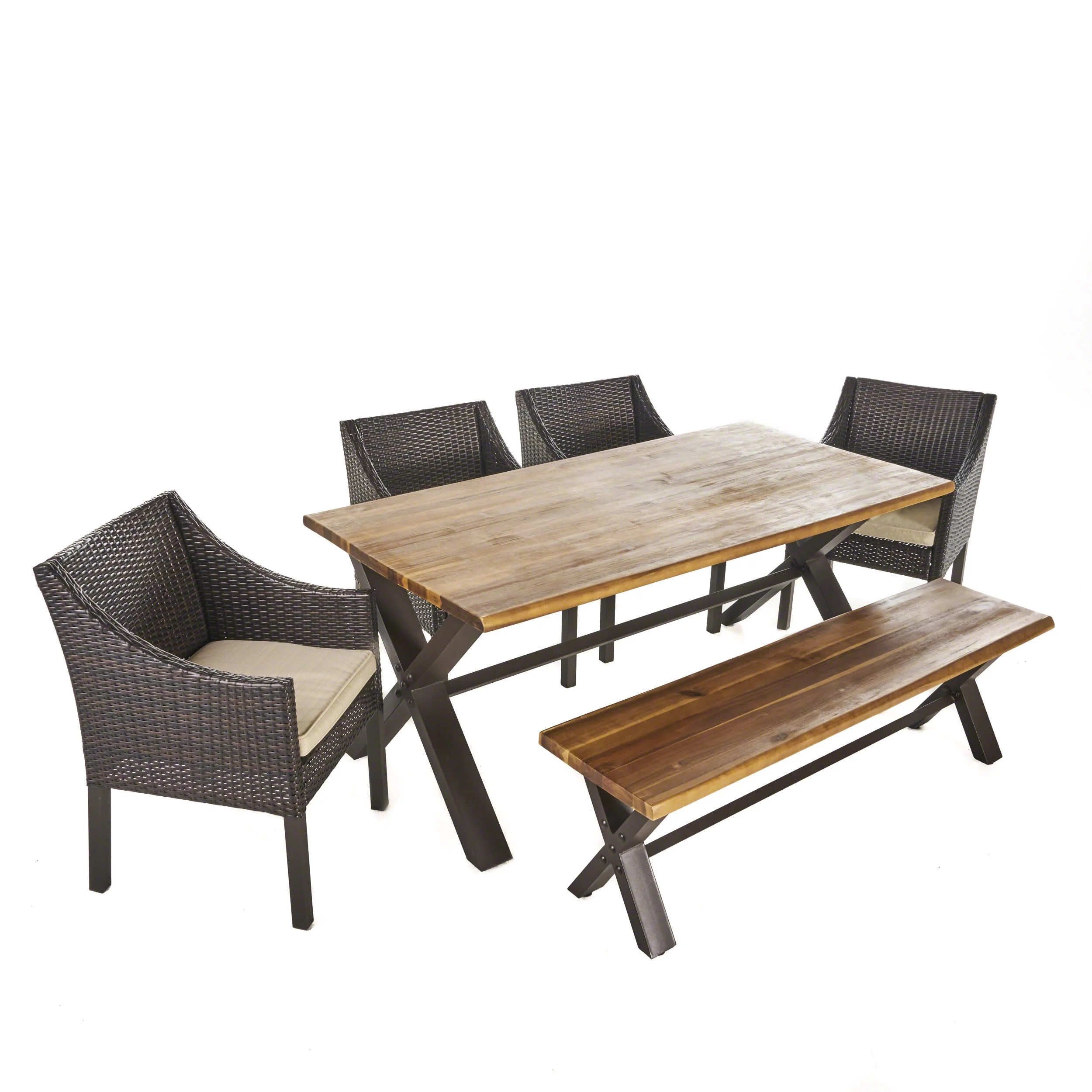 GDF Studio Marigny Outdoor Wicker and Acacia Wood 6 Piece Dining Set with Bench, Teak, Multibrown, and Beige