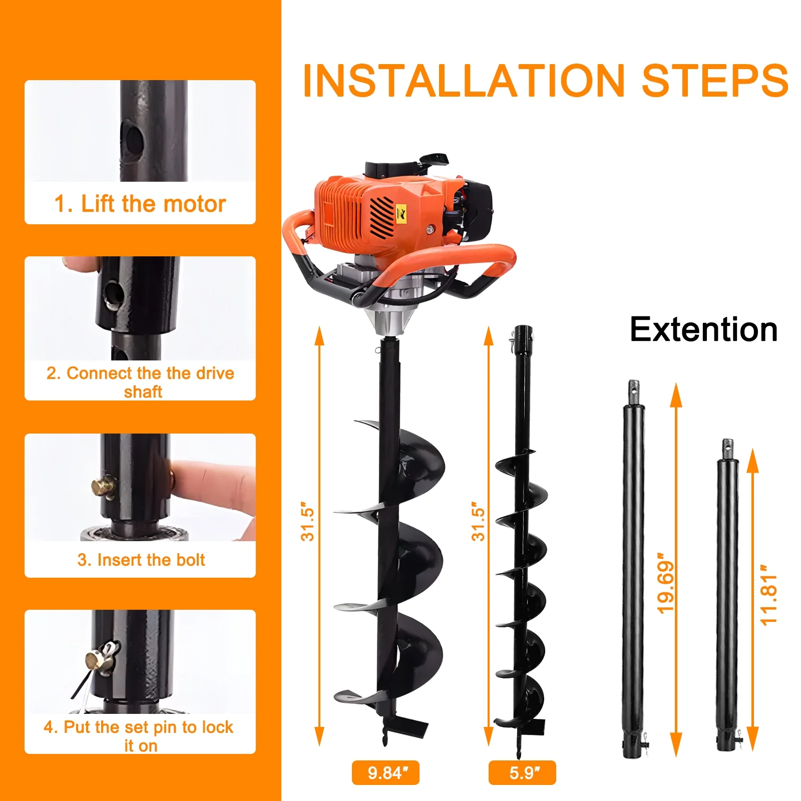 JSTUOKE 62cc 2100W Post Hole Digger 2 Stroke Petrol Gas Powered Earth Digger with 2 Auger Drill Bits ( 6