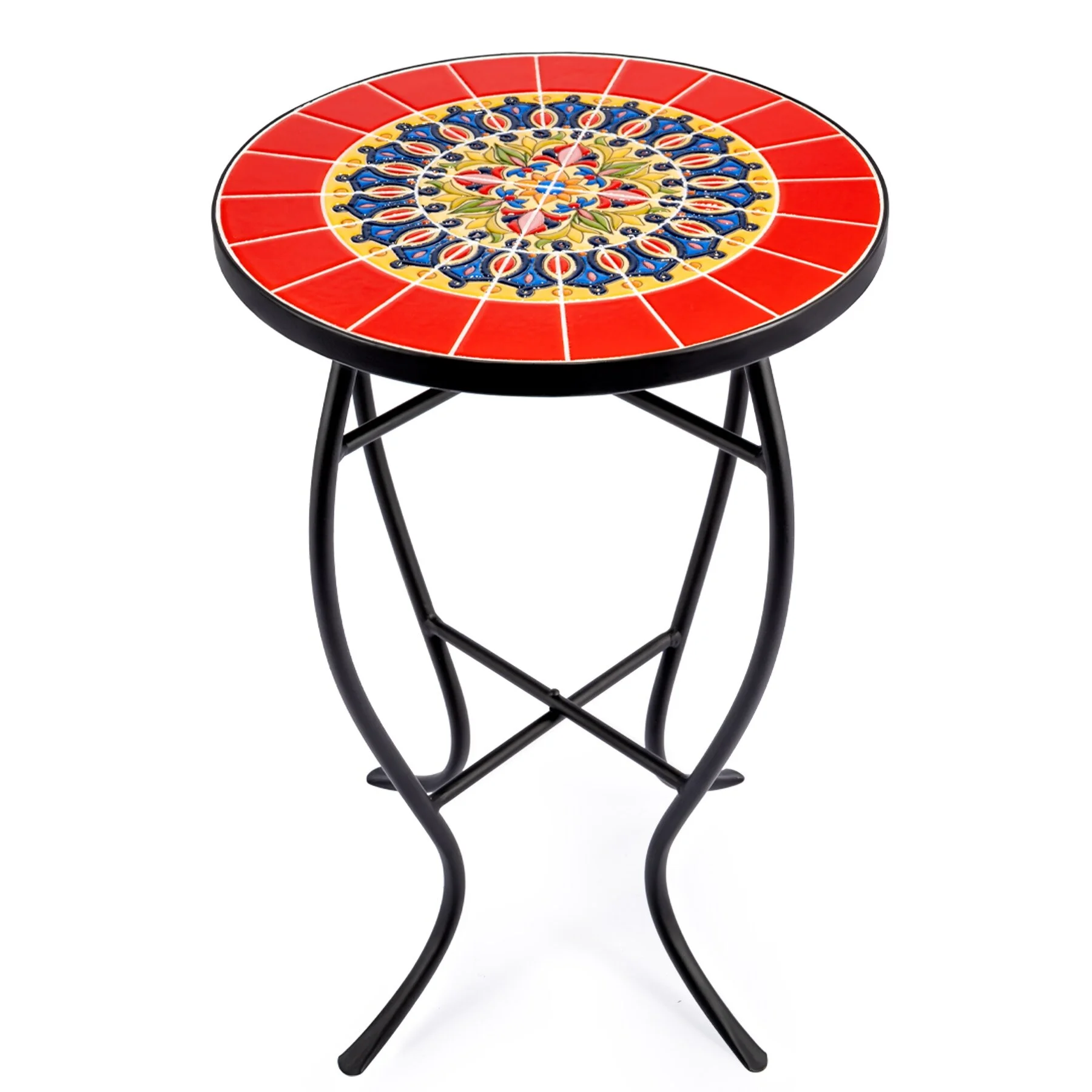 Indoor/Outdoor Patio Round Ceramic Tile Side Table Plant Stand Red