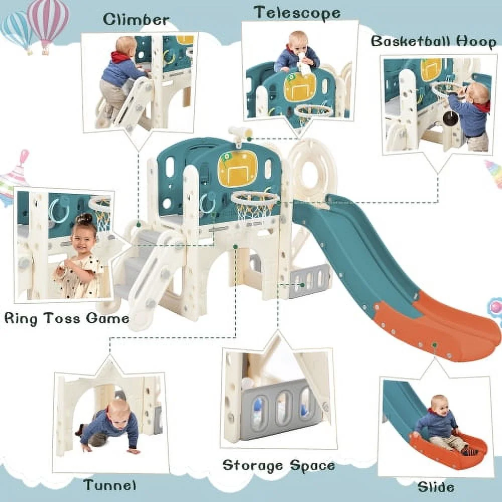Kids Slide Playset Structure, Freestanding Castle Climbing Crawling Playhouse with Slide, Arch Tunnel, Ring Toss, and Basketball Hoop, Toy Storage Organizer for Toddlers, Kids Climbers Playground