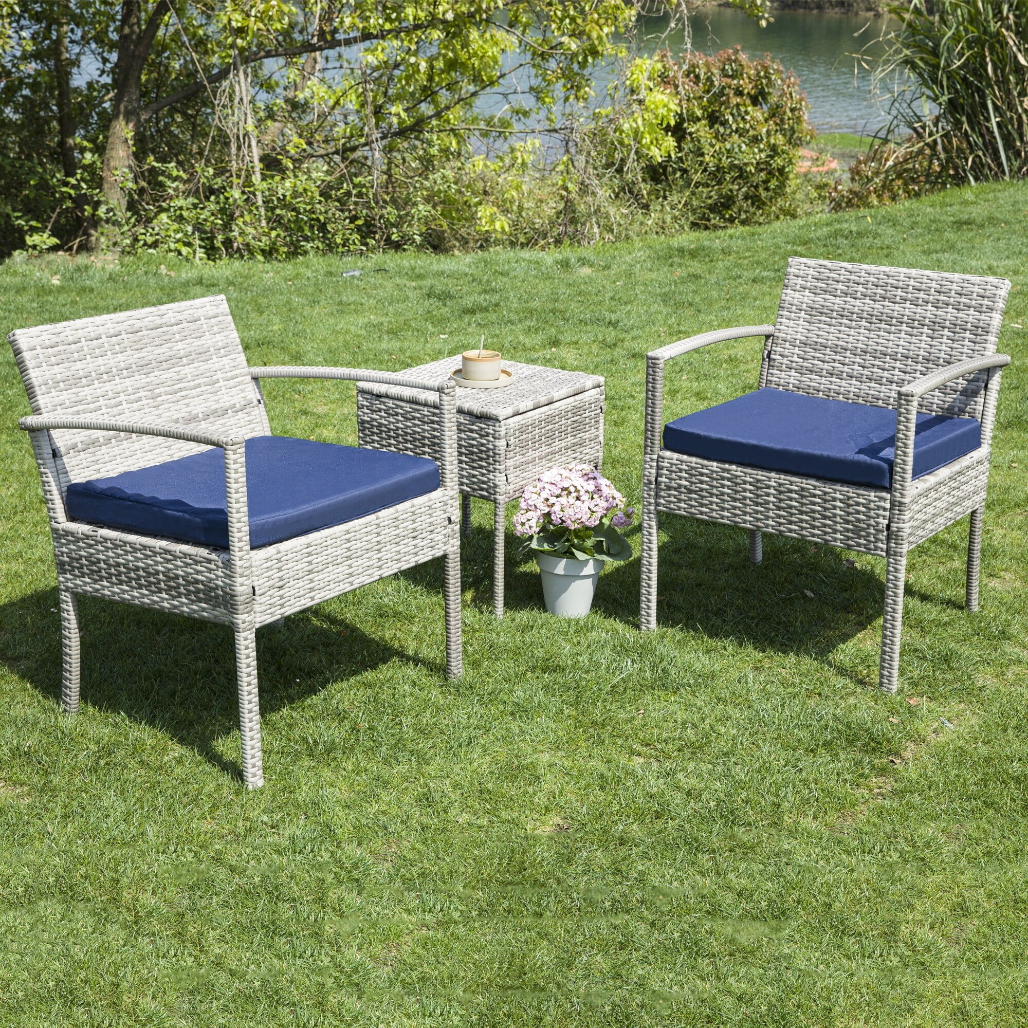 PATIO FURNITURE SET 3-Piece Wicker Bistro Set, Outdoor Patio chairs with Coffee Table Grey