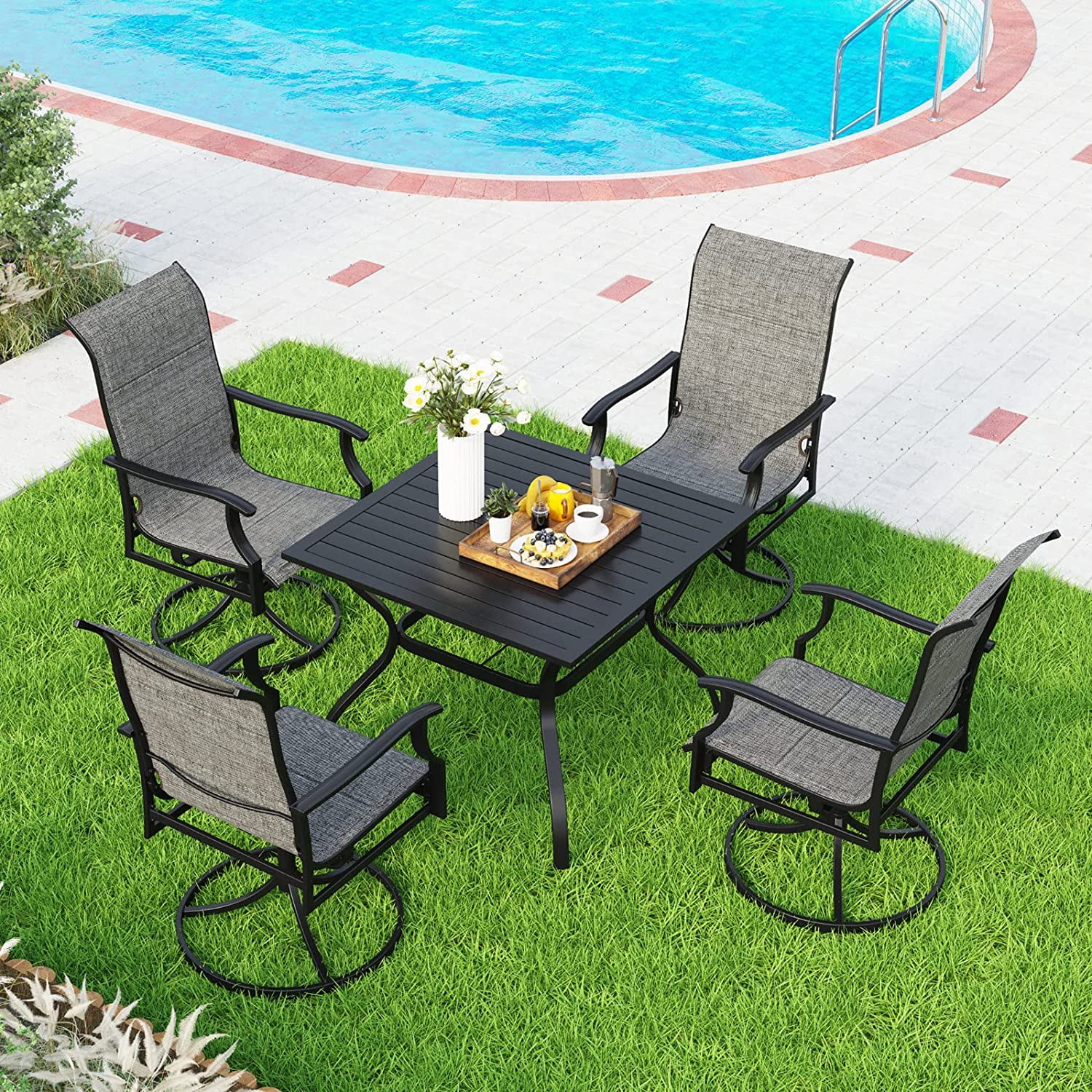 5 Pieces Patio Dining Set  Outdoor Furniture Set with 37" Square Black Metal Table and 4 Padded Textilene Fabric Swivel High Back Chairs for Garden  Poolside Backyard  Porch
