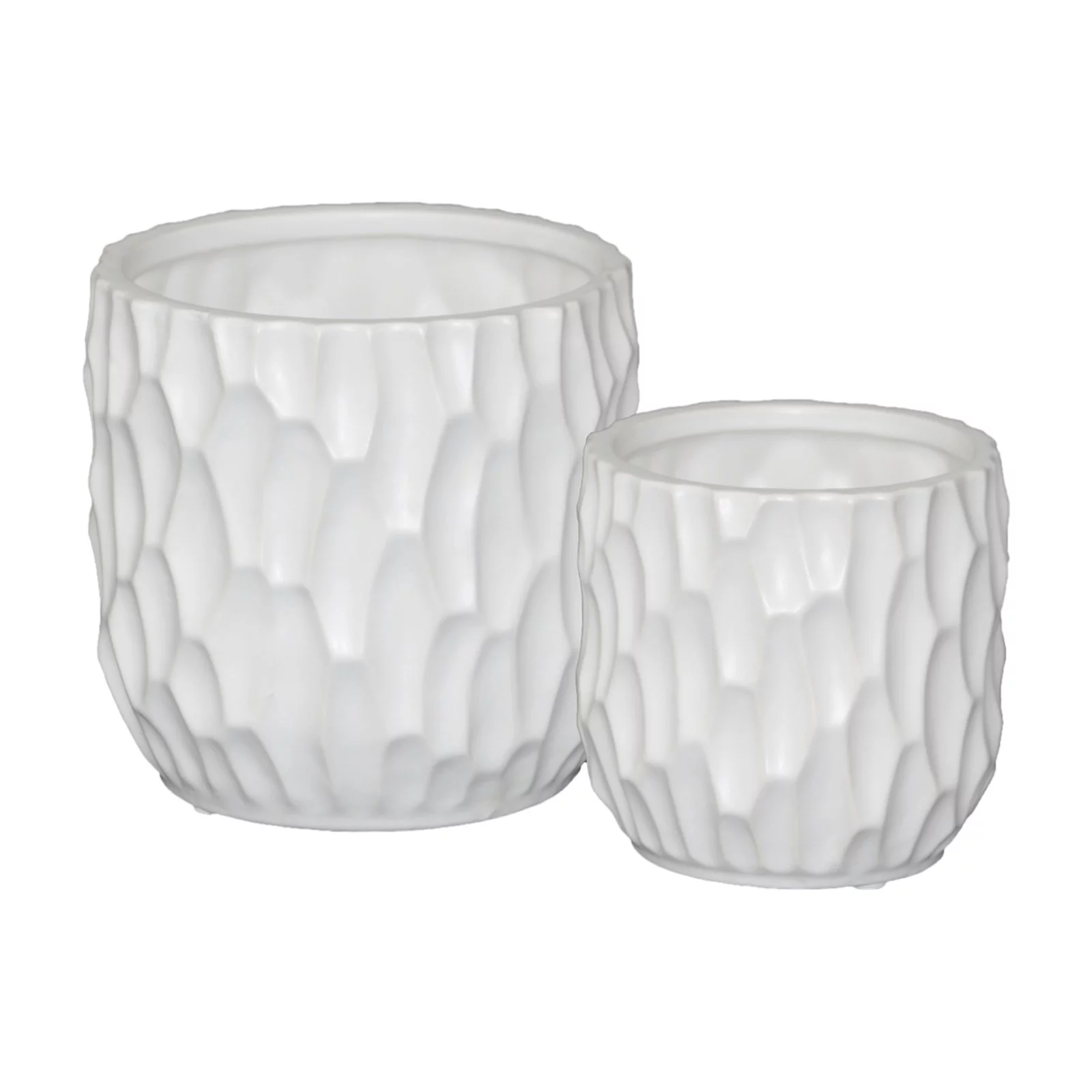 Ceramic Cylindrical Pot with Wide Mouth and Embossed Rectangle Design Body Set of Two Matte Finish Black