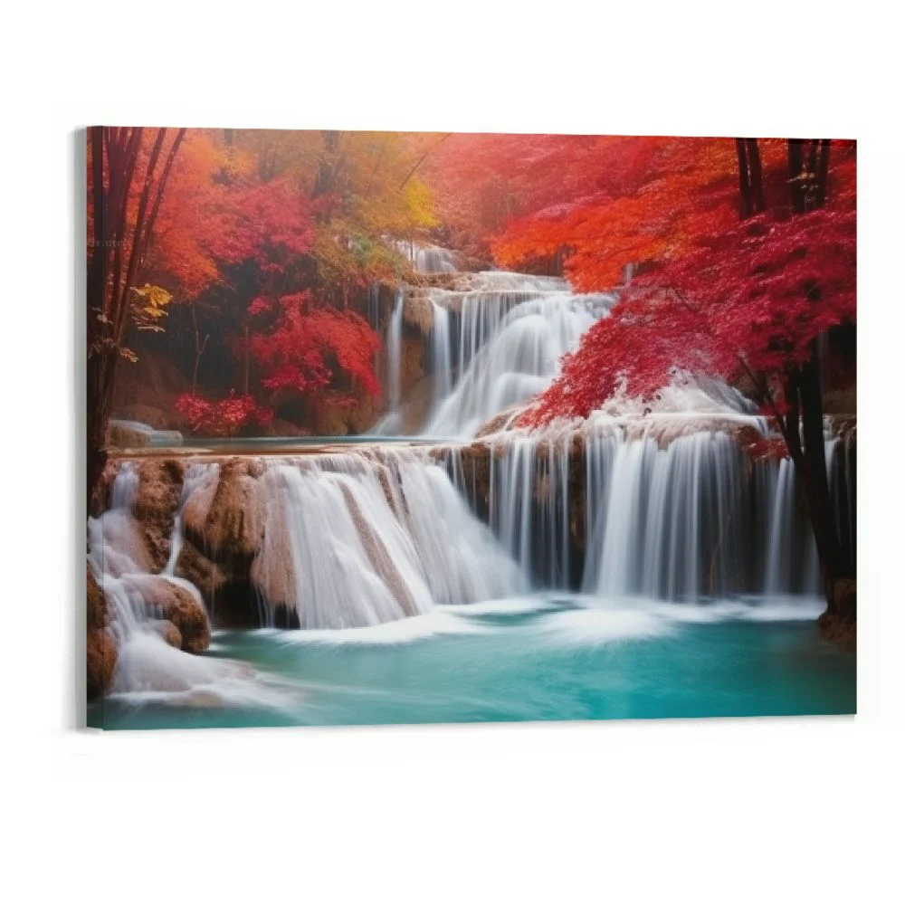 Chilfamy Red Waterfall Wall Art Waterfall Landscape Picture Forest Tree Wall Art Waterfall Painting Red Tree Pictures Wall Decor Nature Scenery Posters Modern Landscape Artwork for Office 20x16