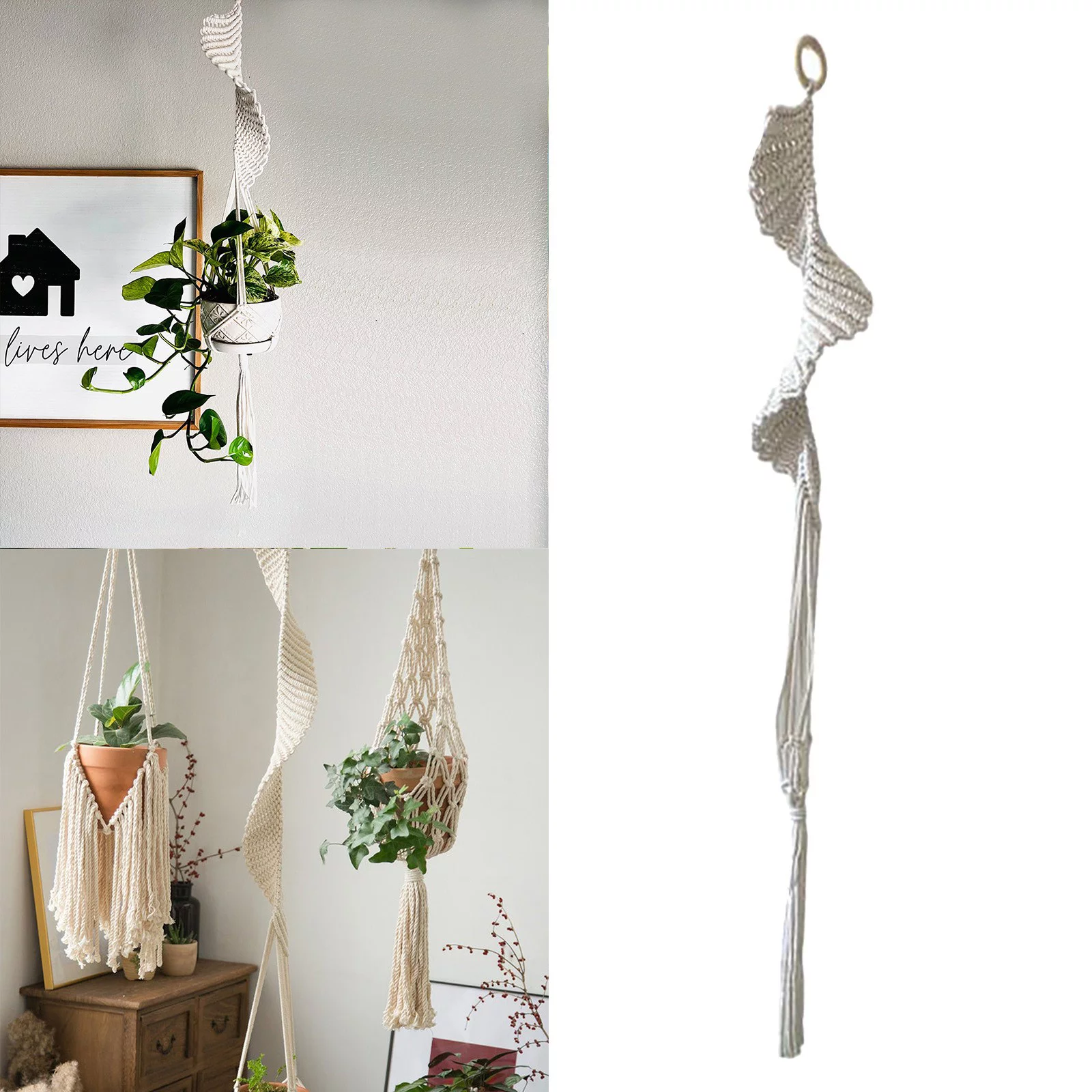 FHKOEGHS Winter Fireplace Garland Hangers Indoor Outdoor Handmade Hanging Basket Planter Flower Pot Holder Boho Style Decorative Cotton Rope