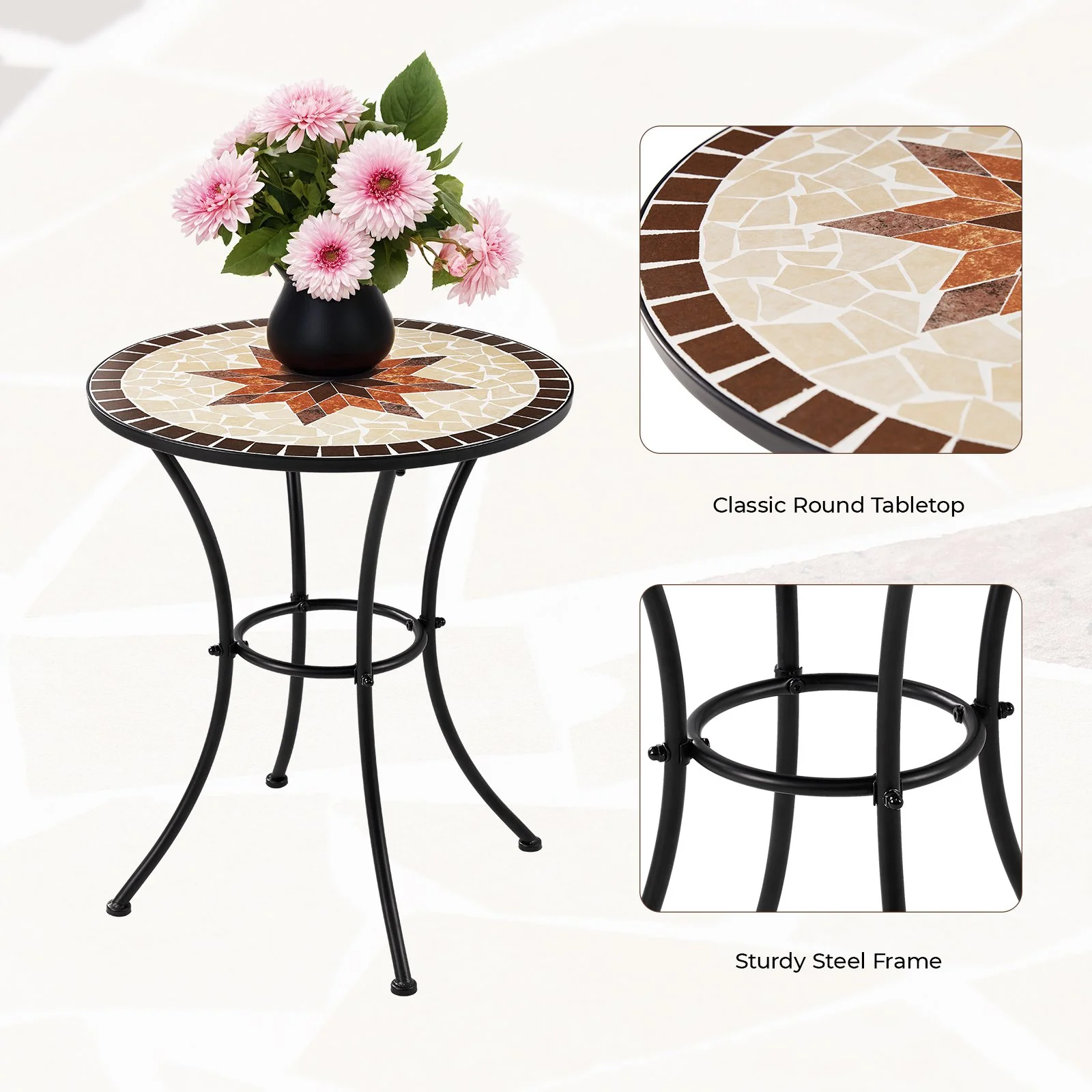 Vitarpatio 3 Piece Patio Bistro Sets, Indoor Outdoor Metal Round Table and 2 Folding Chairs Set with Handmade Tile Finish