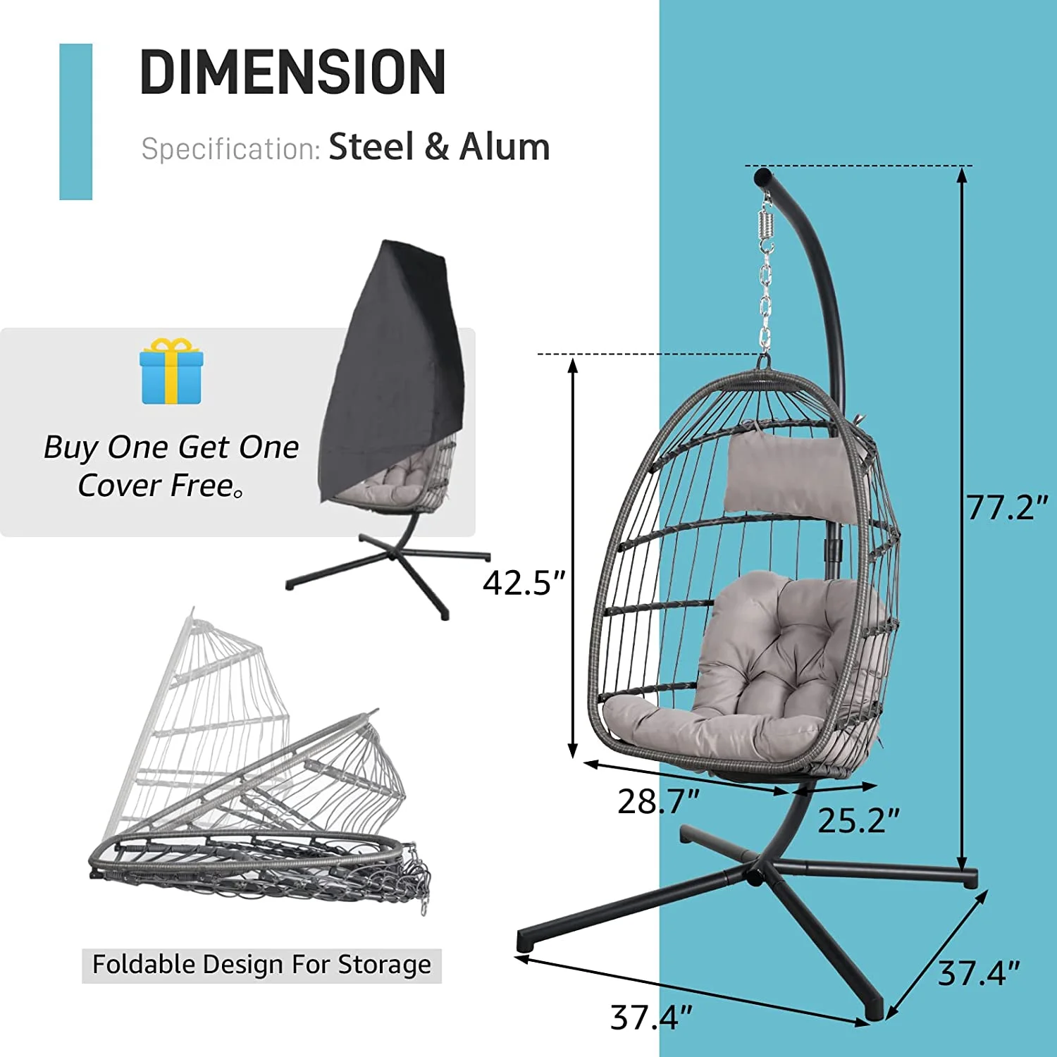 DSZBNUIO TUIONMJ Indoor Outdoor Egg TUIONMJ Chair with Stand  Patio Grey Wicker Rattan Hanging Chair with Rope Back  Cushion Cover All Weather Foldable Hammock Chair for Bedroom  Porch  G