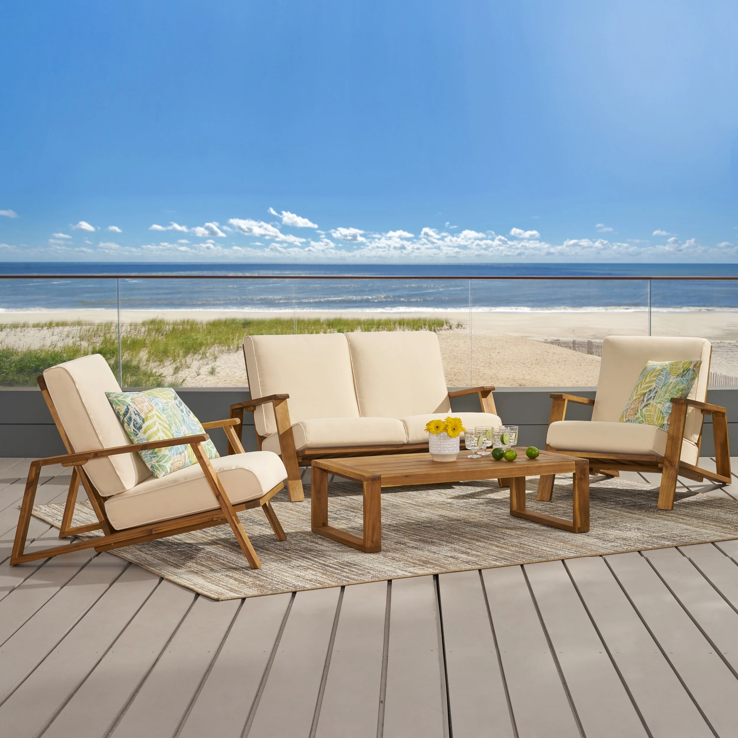 Reyna Outdoor Acacia Wood 4 Seater Chat Set with Cushions, Teak, Beige