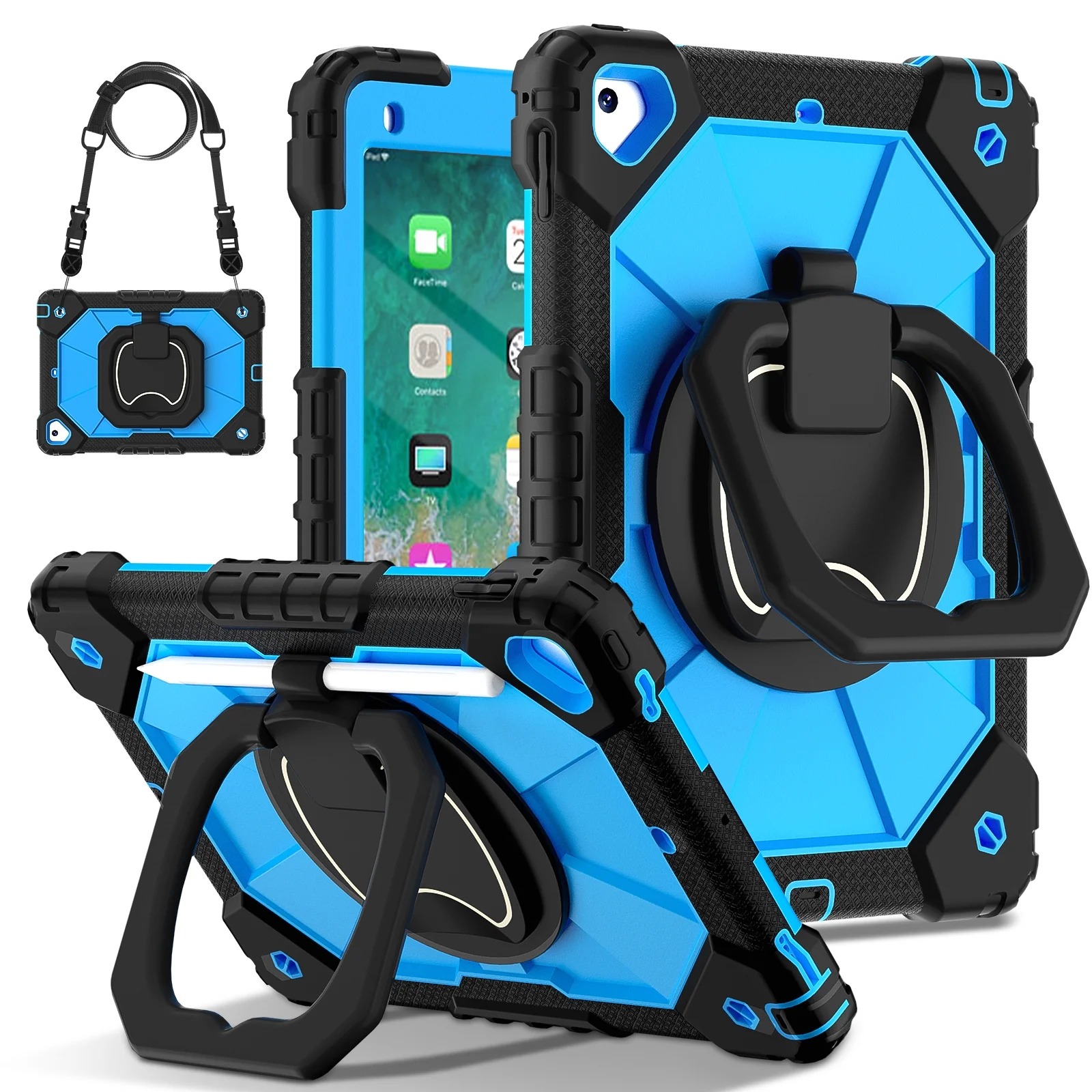 Dteck Case for iPad 9.7 2018/2017, iPad 6th/5th Generation Case with Rotating Handle Stand, Heavy Duty Hybrid Shockproof Rugged Case with Shoulder Strap for iPad Air 2/6th/5th Gen/Pro 9.7,Black + Rose