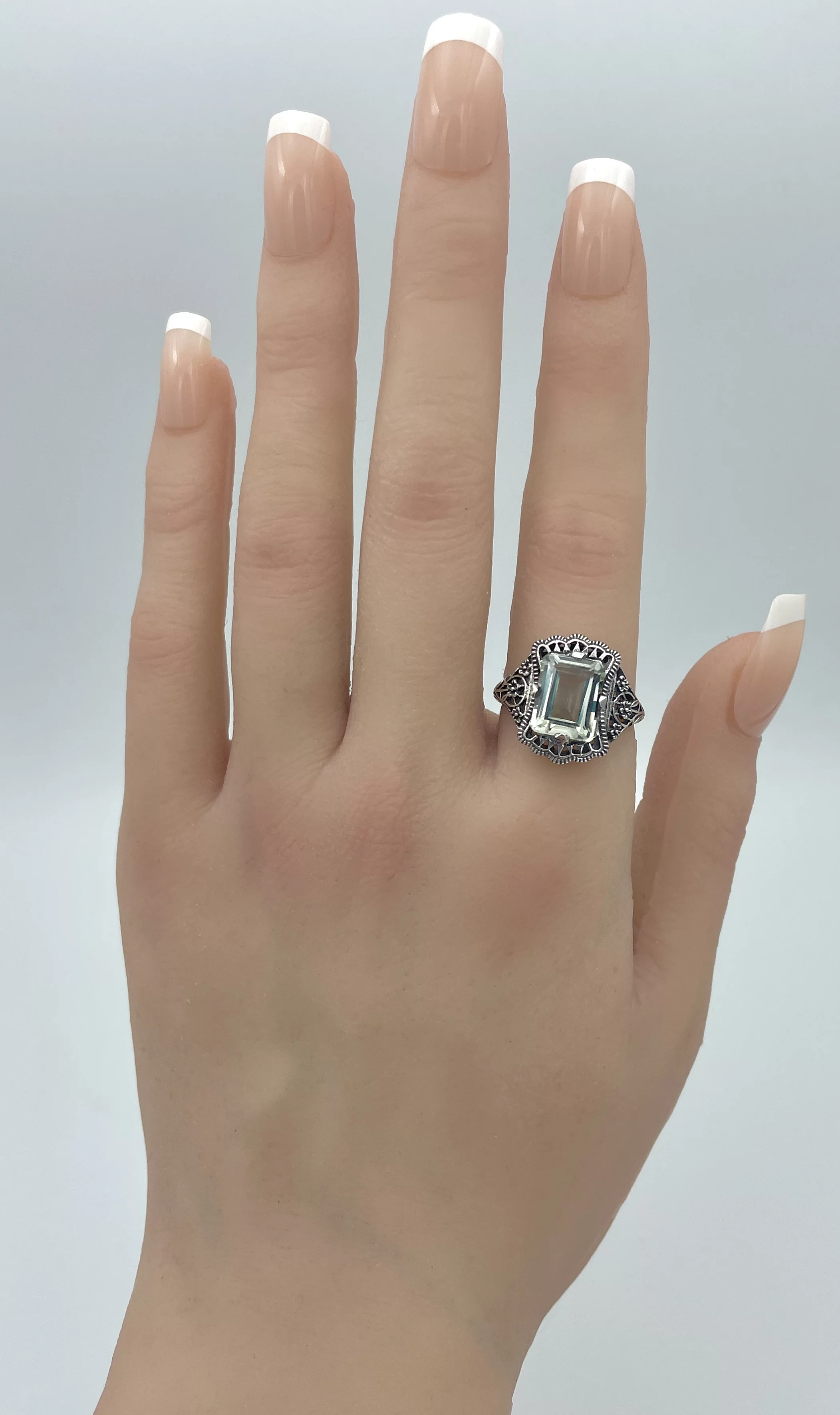 ART NOUVEAU DESIGN ANTIQUE STYLE GENUINE GREEN AMETHYST 925 STERLING SILVER FILIGREE RING  #923