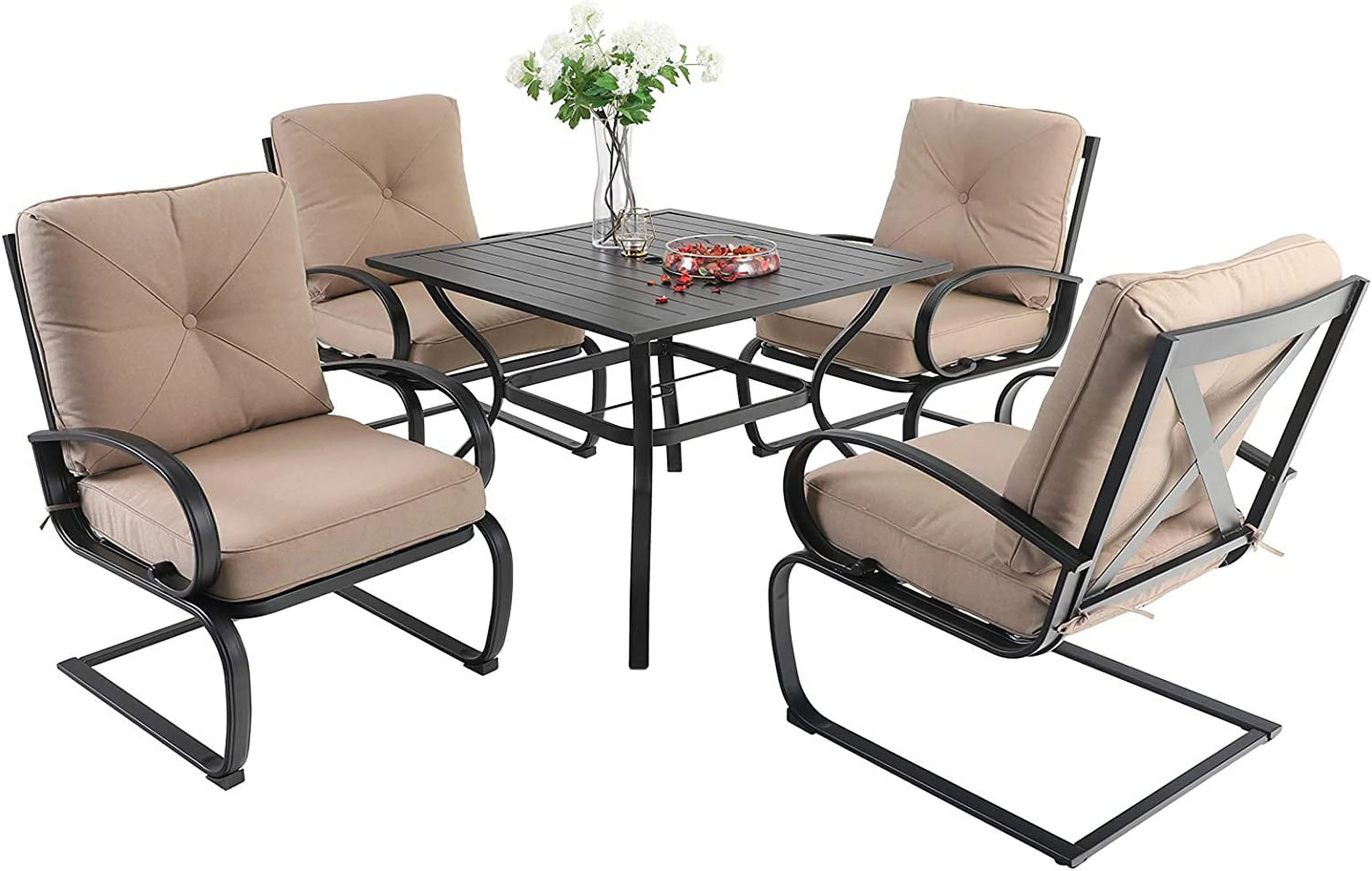 & William Patio Dining Set 9 Piece Expandable Outdoor Table Furniture Set with 8 Metal Spring Motion Dining Chairs and 1 Rectangular Bistro Deck Table with Leaf  Beige