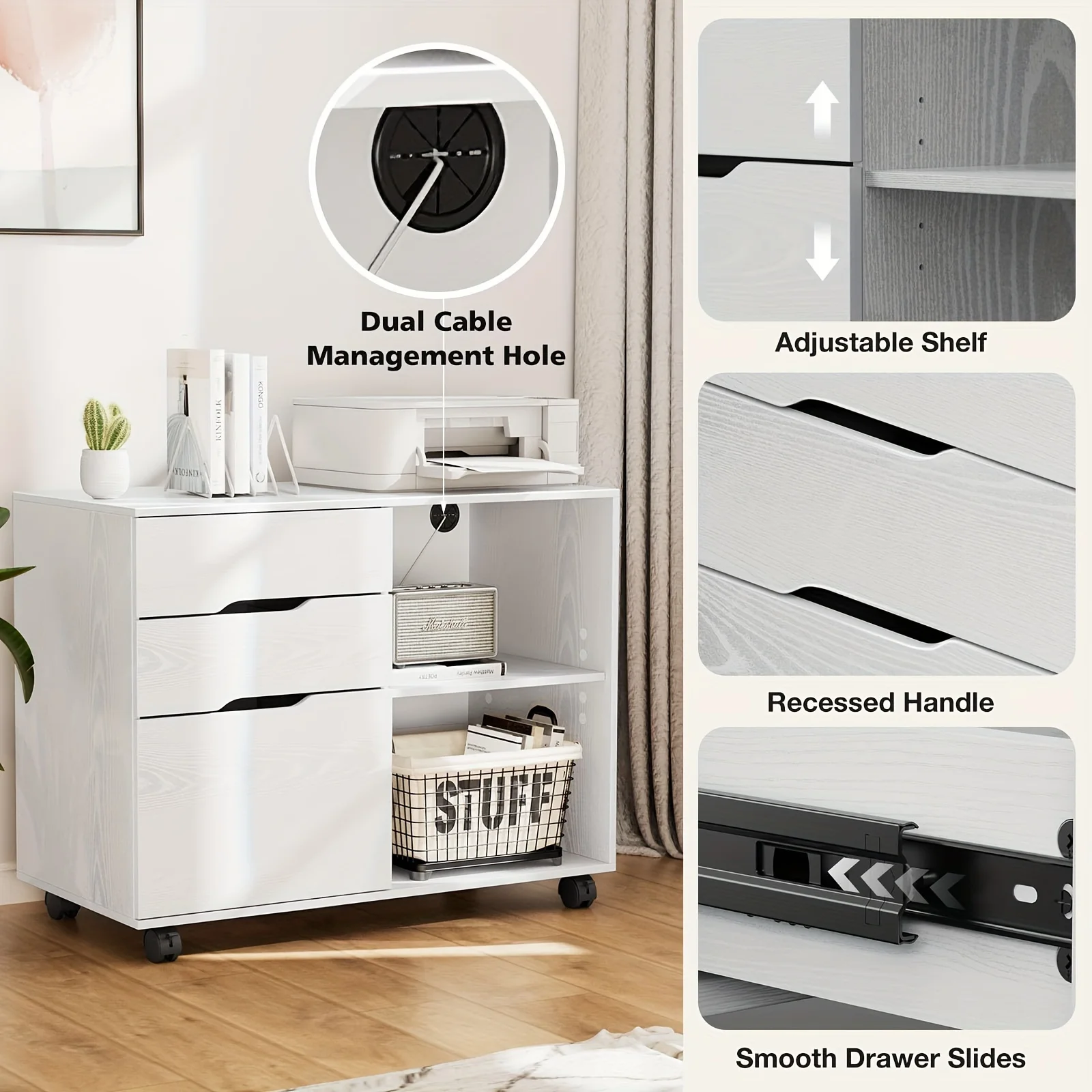 3 Drawer File Cabinet Mobile Lateral Printer Stand with Adjustable Storage Shelves for Home Office Small Space