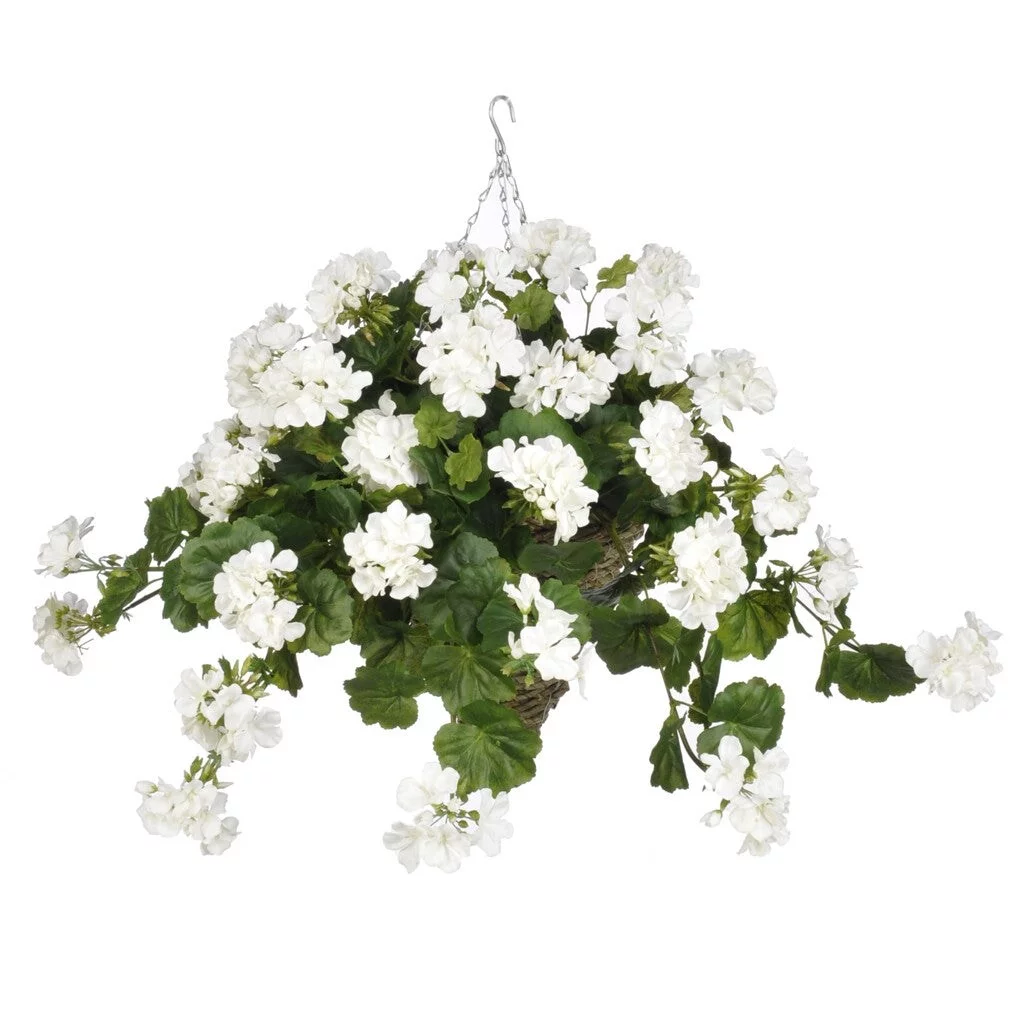 Faux White Geranium Hanging Basket White Water Hyacinth