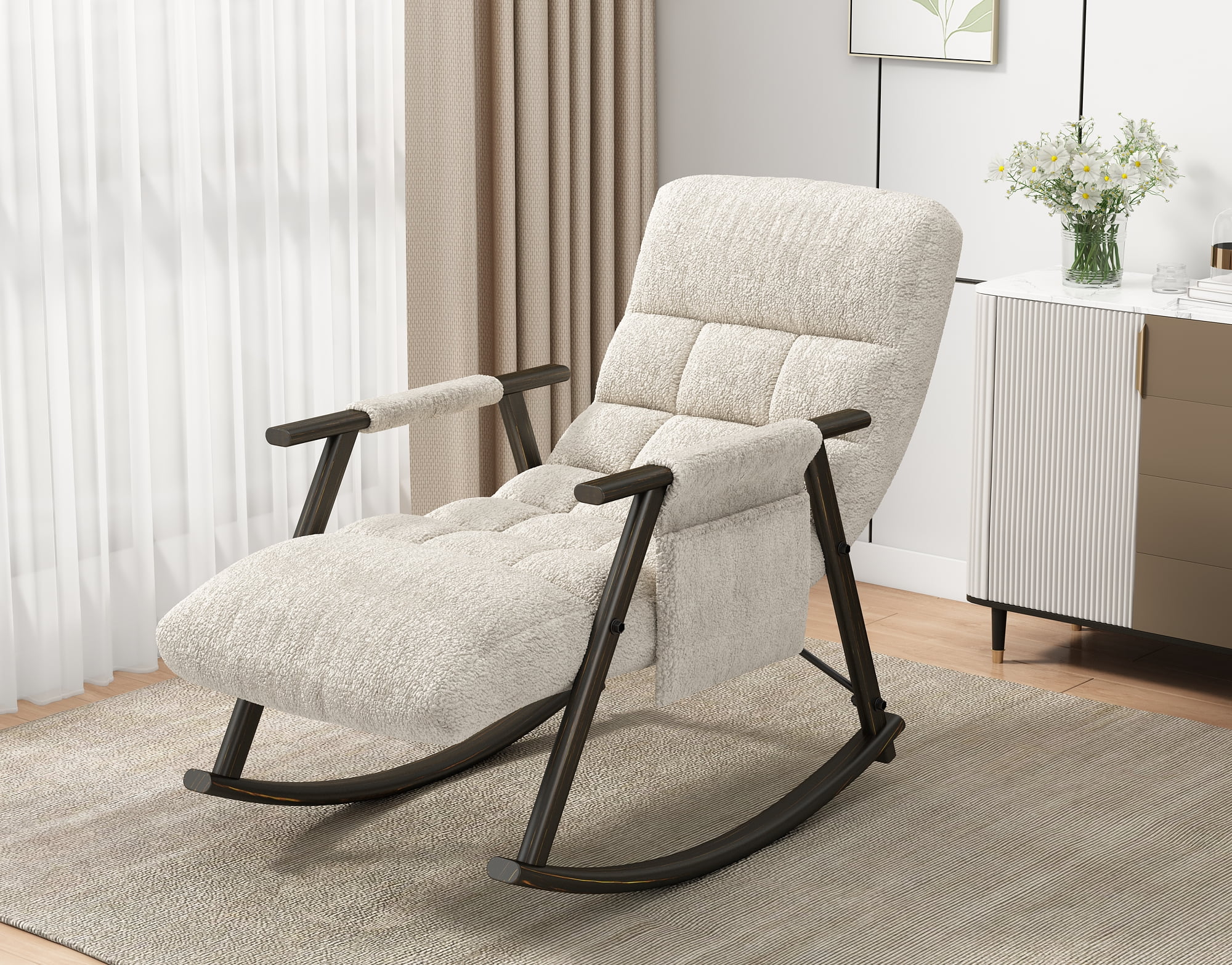 CoSoTower Casual Folding Rocking Chair Upholstered, Lounge Rocking Chair Adjustable High Back and Foot Rest,Side Pockets Placed in Living Room Bedroom Balcony