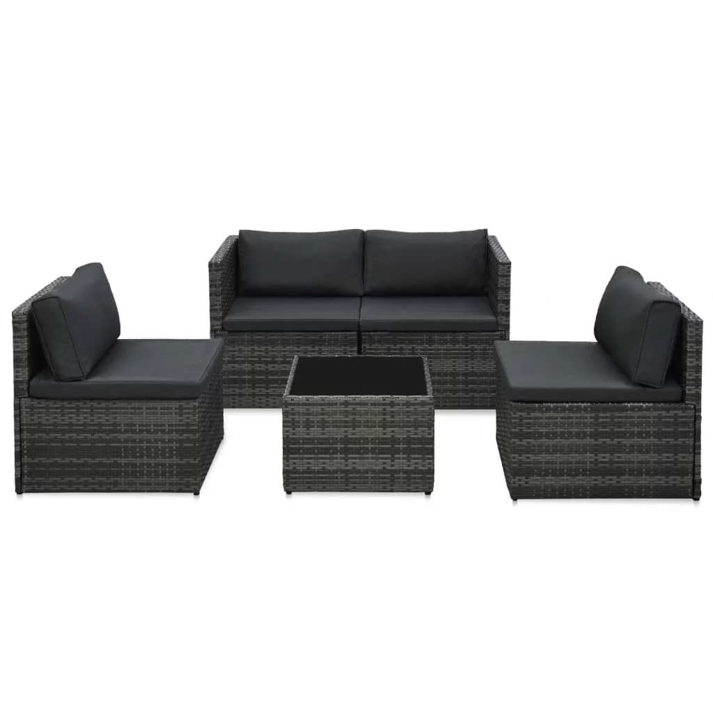 Anself 5 Piece Outdoor Conversation Set Cushioned Sectional Sofa with Glass Top Table Patio Lounge Set Gray Poly Rattan Garden, Patio, Pool, Backyard, Balcony, Lawn Furniture
