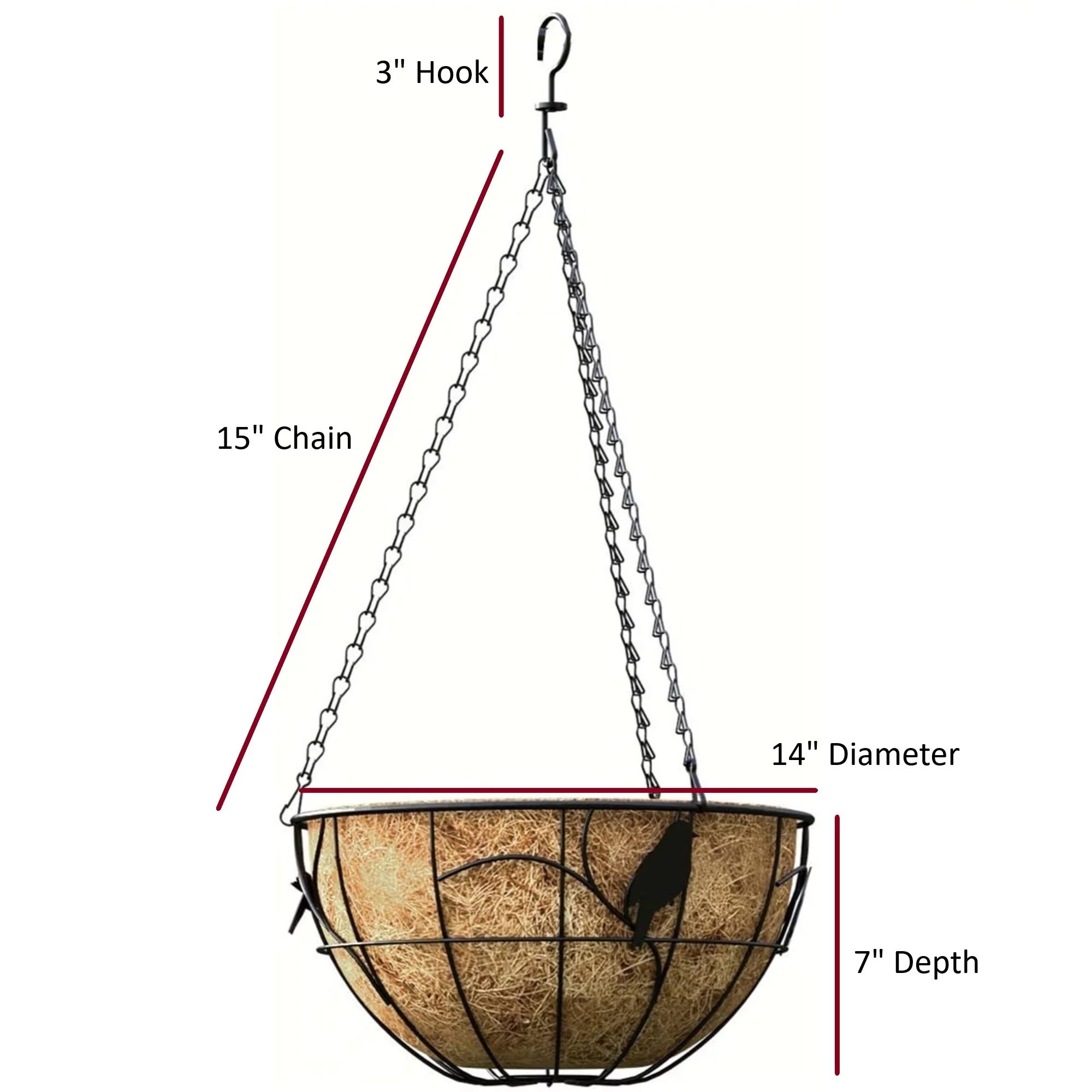 Panacea Products Metal Hanging Basket with Coco Liner, Bird Theme, Black 14