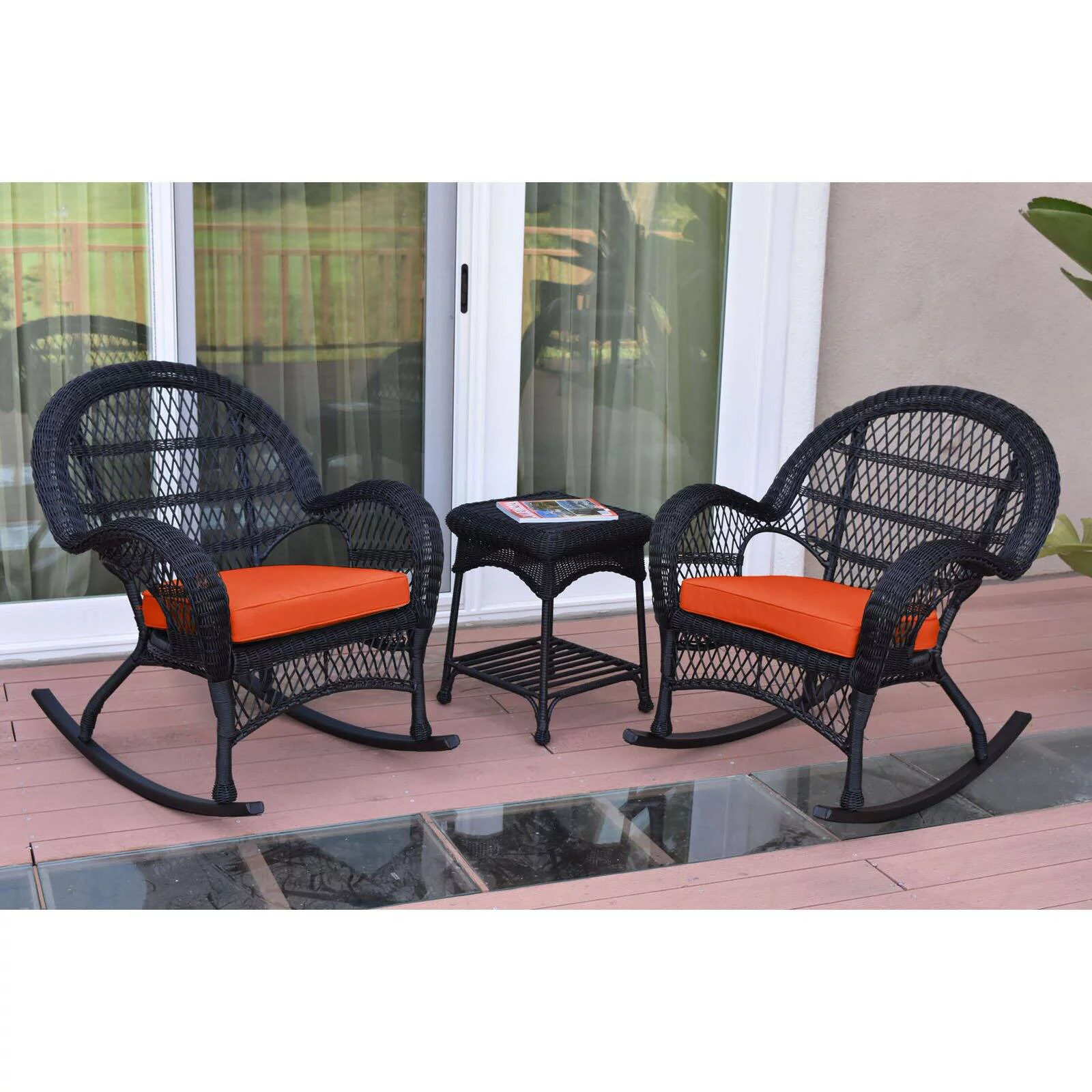 Jeco 3 Piece Wicker Conversation Set in Espresso with Orange Cushions