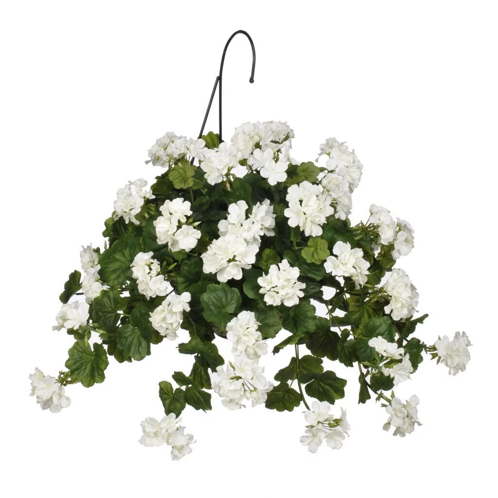 Faux White Geranium Hanging Basket White Water Hyacinth
