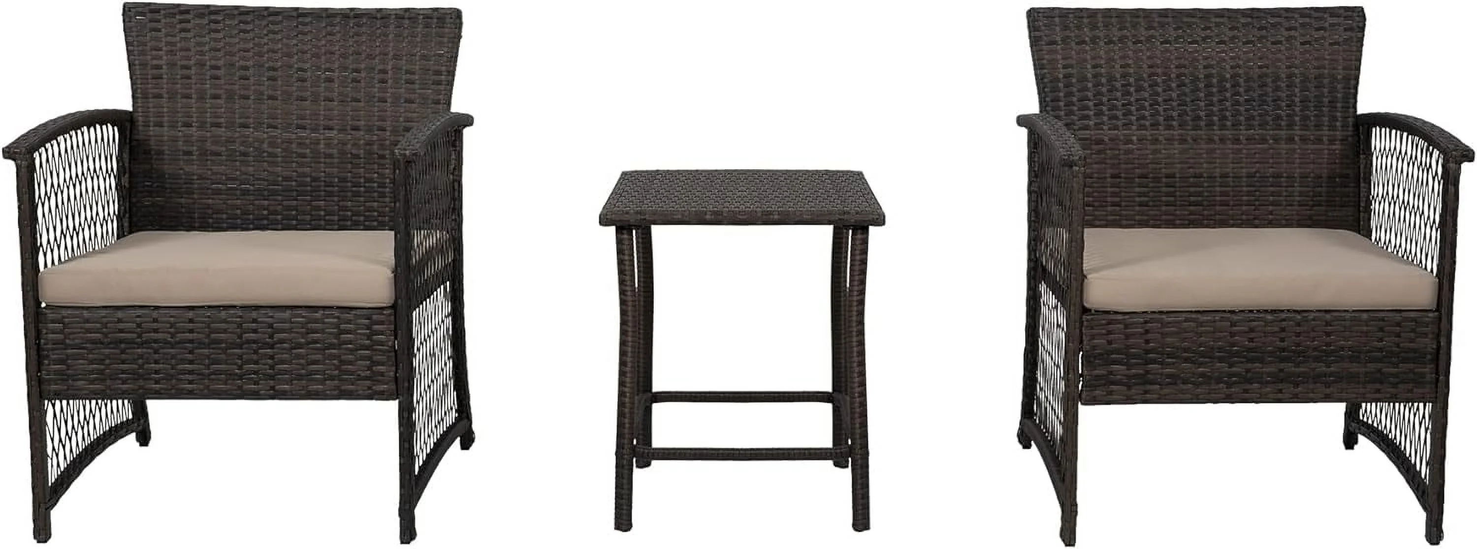 WO 3 Piece Set Coffee Color Base Outdoor/Patio Wicker Rattan Chair Set With Cushions And A Side Table (2 Seater) (Coffee/Beige)