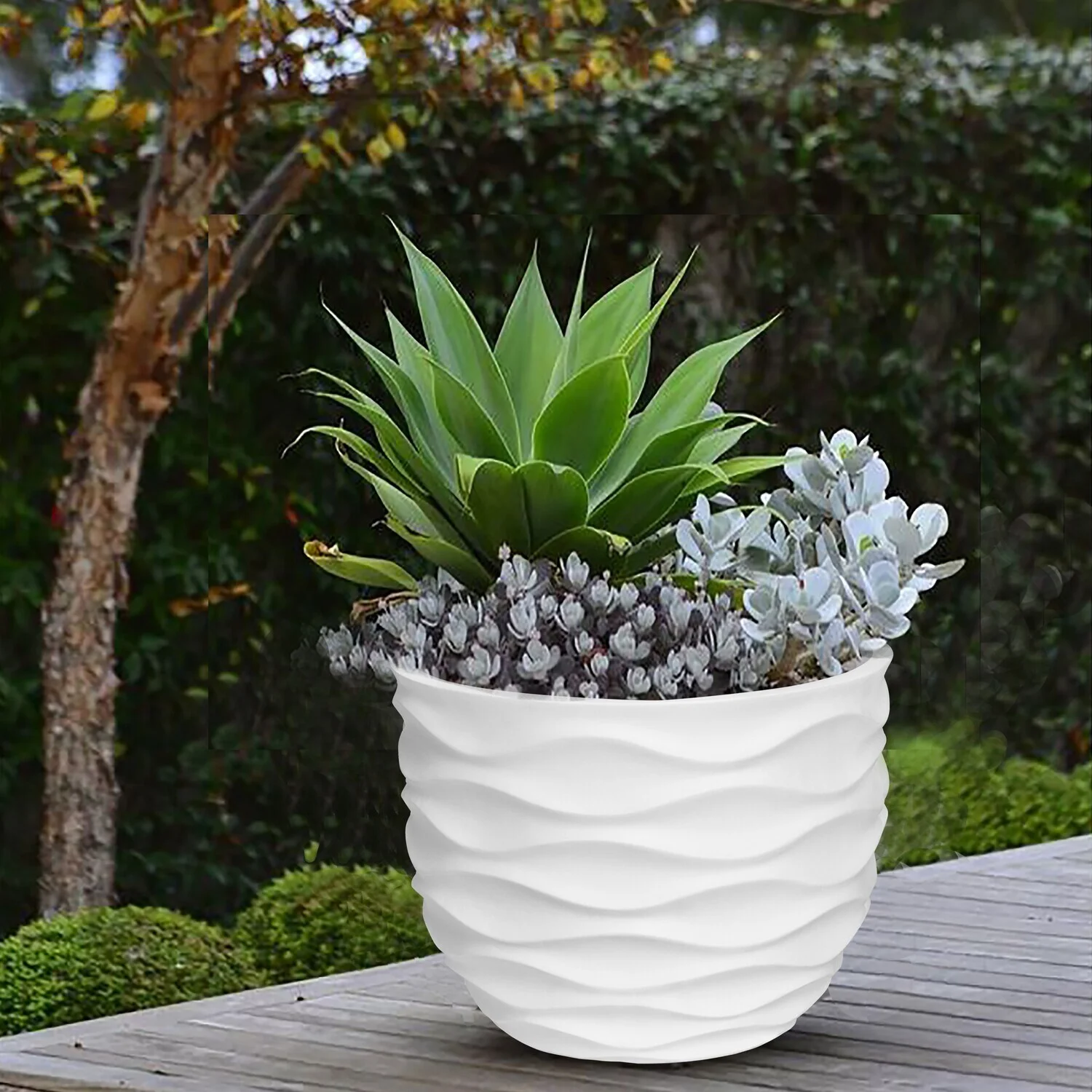 HomeStock Mid-Century Marvel 15.2-Inch H White Mgo Waves Design Round Planter