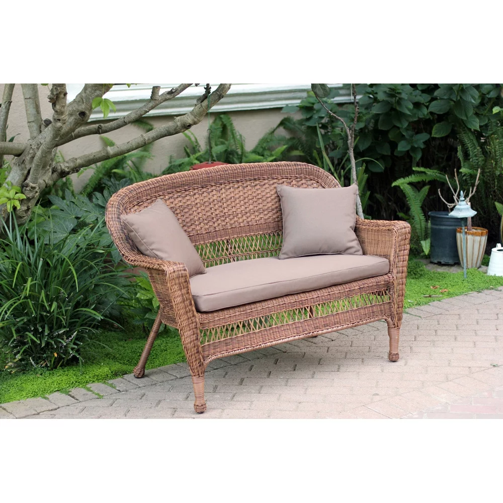 Jeco W00205-G-FS007 4 Piece Honey Wicker Conversation Set - Cocoa Brown Cushions
