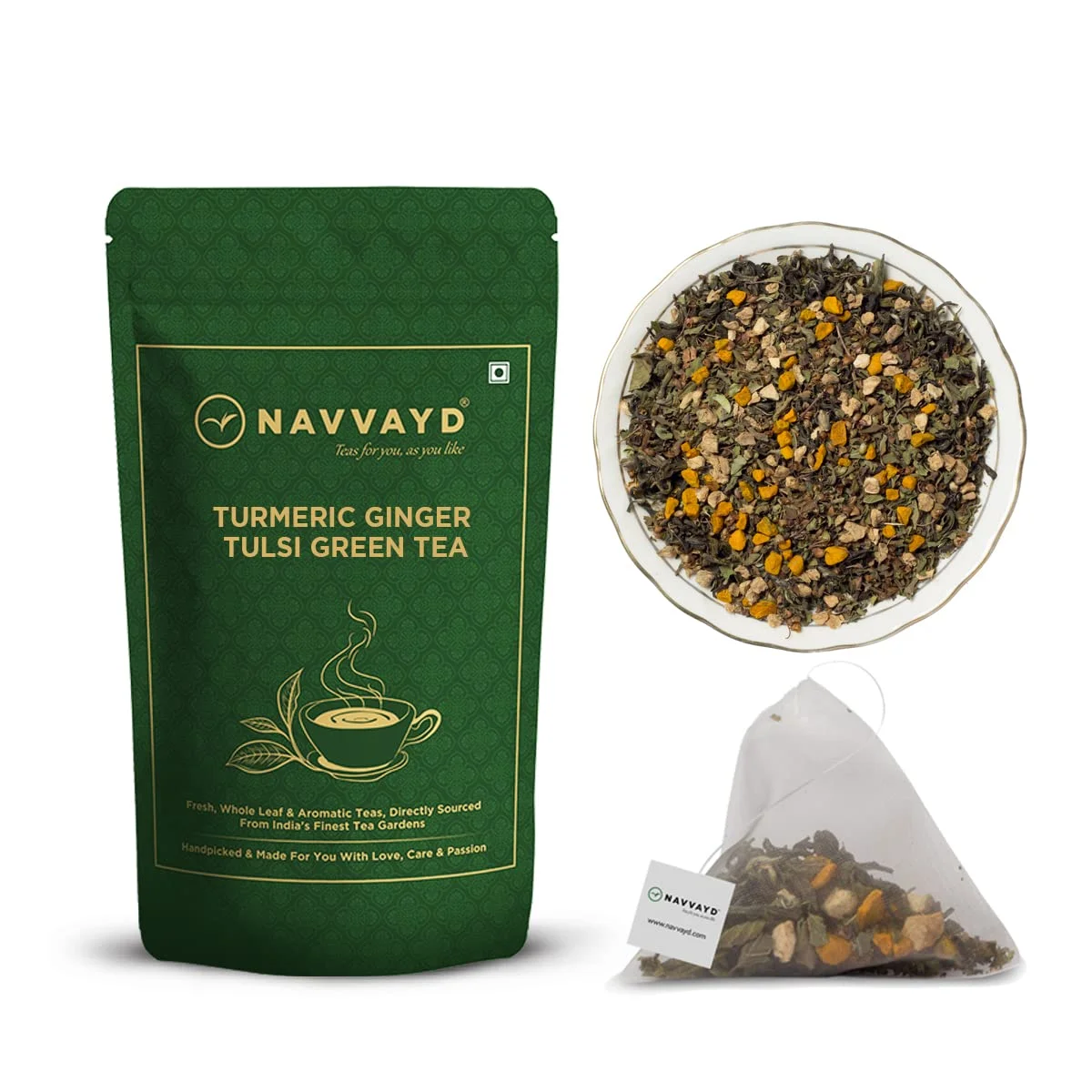 NAVVAYD Turmeric Ginger Tulsi Green Tea, 15 Tea Bags