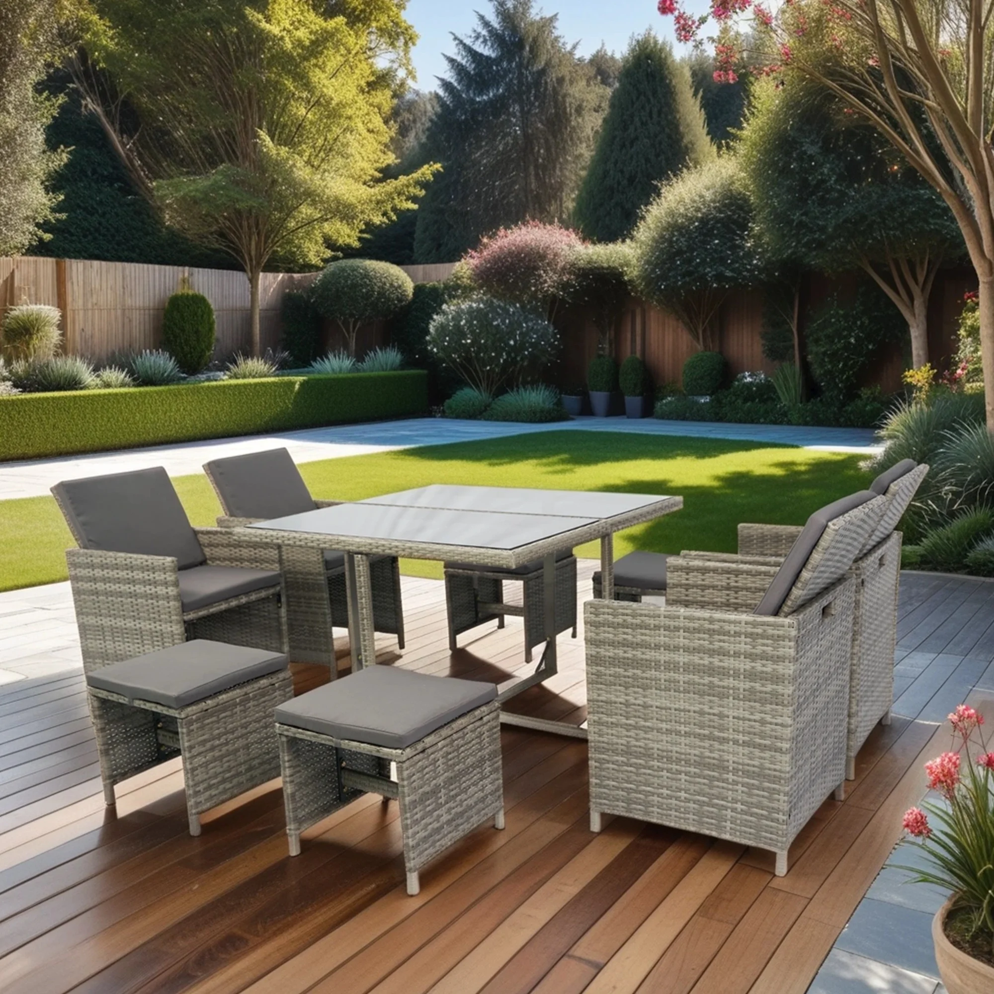 CYBORIS Patio 9 Piece Outdoor Dining Set, Rattan Wick Dining Set with Sectional Conversation Glass Table and Chair, Space-saving Outdoor Porch Deck Lawn Furniture Set