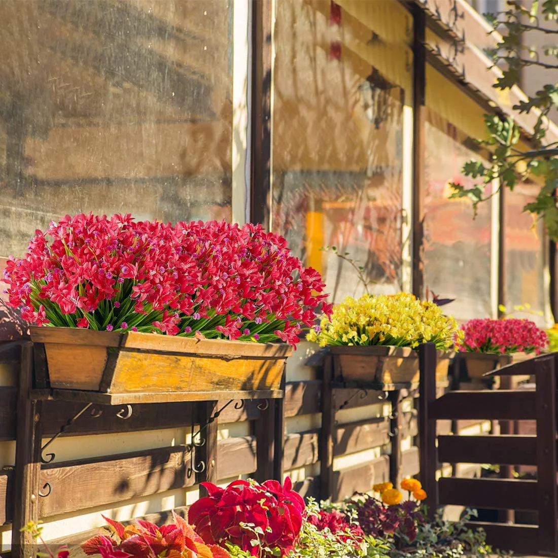 Nvzi 8 Bundles Artificial Daffodils Flowers, Fake Artificial Greenery UV Resistant No Fade Faux Plastic Plants(Red)