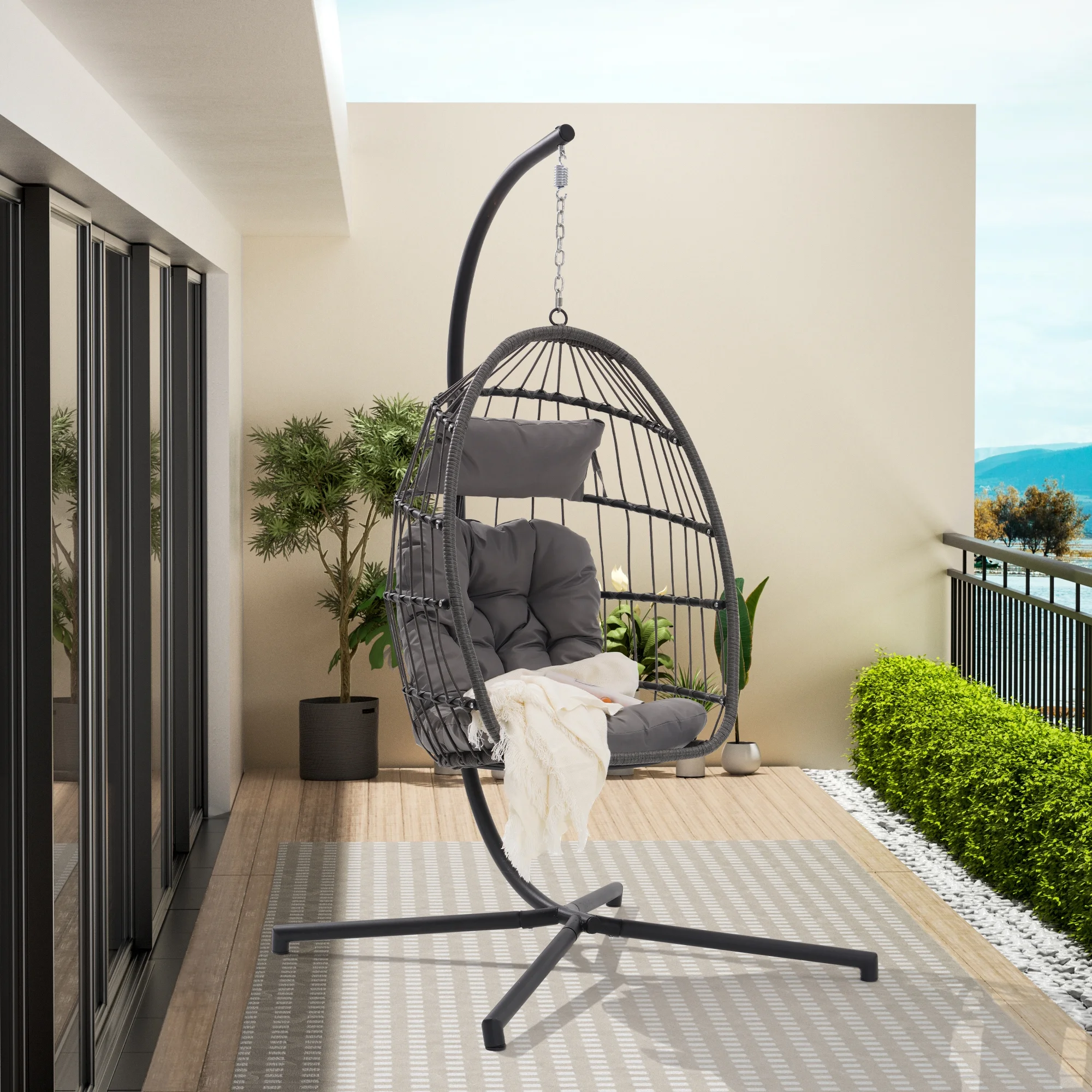 Outdoor Rattan Egg Swing Chair with Cushion Patio Furniture for Garden Lounging-Light Gray