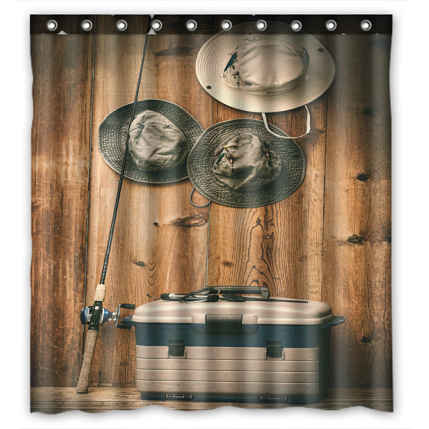 ABPHQTO Hats Hanging On Wooden Wall With Fishing Equipment Waterproof Polyester Shower Curtain and Hooks For Home Decor 66x72 Inch