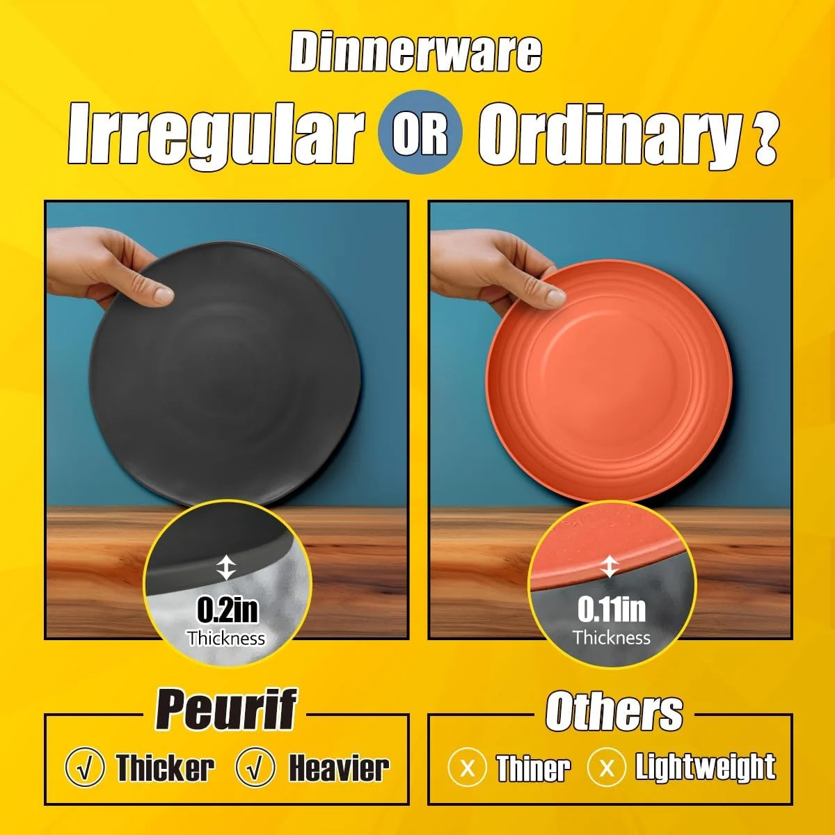 Peurif 32-Piece Thick Irregular Plastic Wheat Straw Dinnerware Set, Durable Kitchen Plates and Bowls Set for 8, Dinner Plates, Dessert Plates, Bowls & Cups, Unbreakable Outdoor Camping Dishes, Black