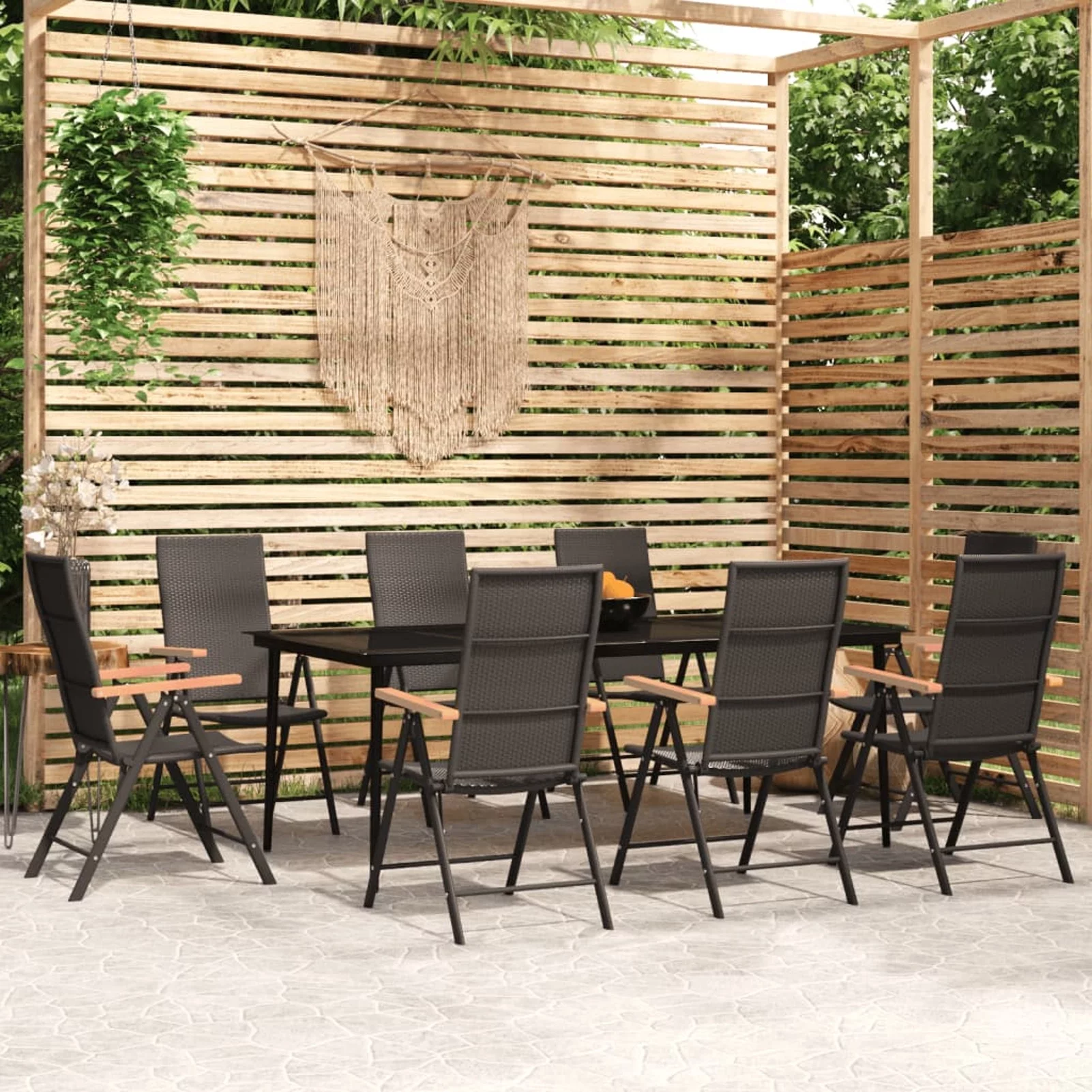 Dcenta 9 Piece  Dining Set Glass Tabletop Table and Backrest Adjustable 8 Garden Chairs PE Rattan Dinner Set for Balcony, Yard, Deck, Lawn, Patio