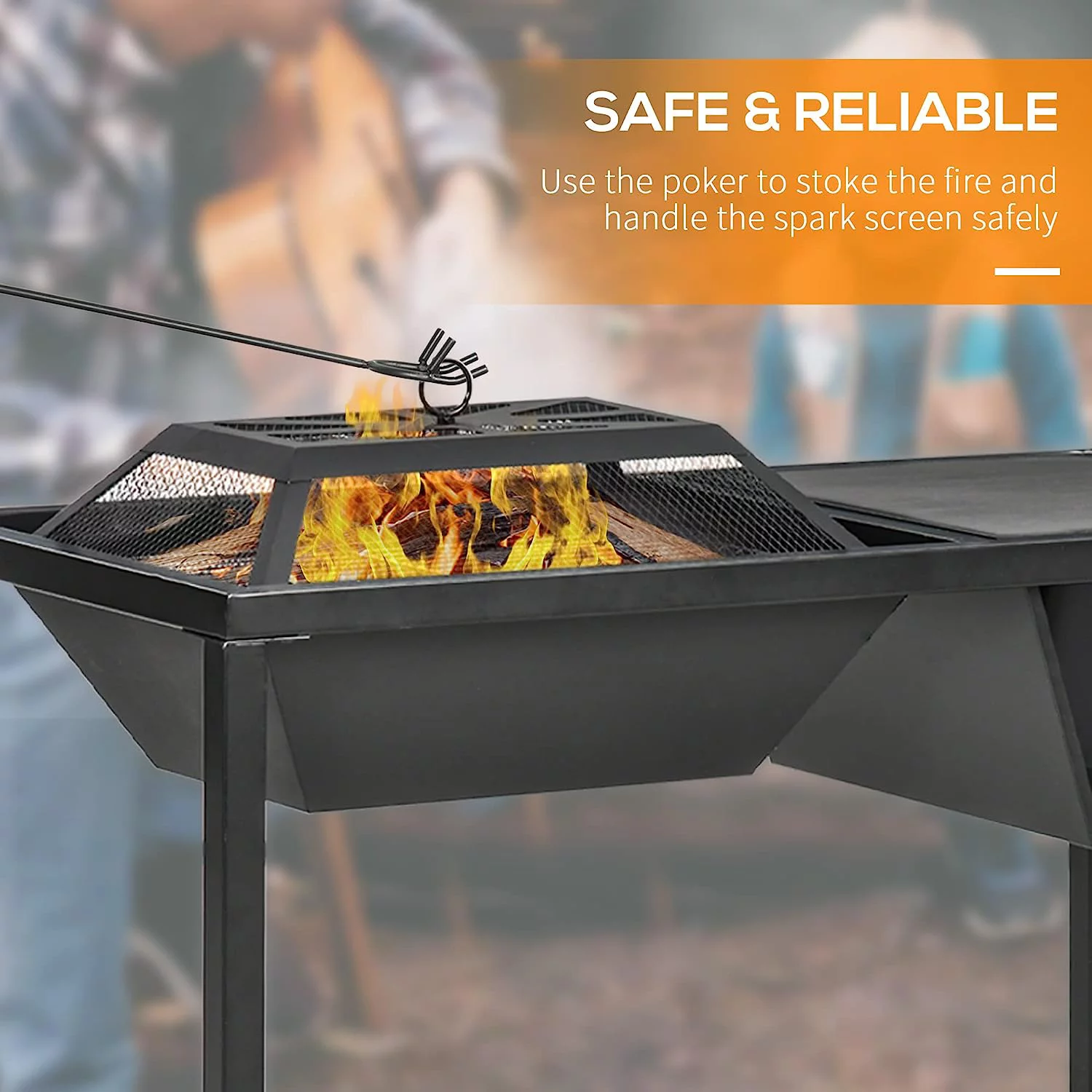 Elegant 4-in-1 Fire Pit, BBQ Grill, Ice Bucket Cooler, Garden Table, with Cooking Grate, Log Grate & Waterproof Cover, Galvanized Steel Wood-Burning Fireplace with Spark Screen & Poker