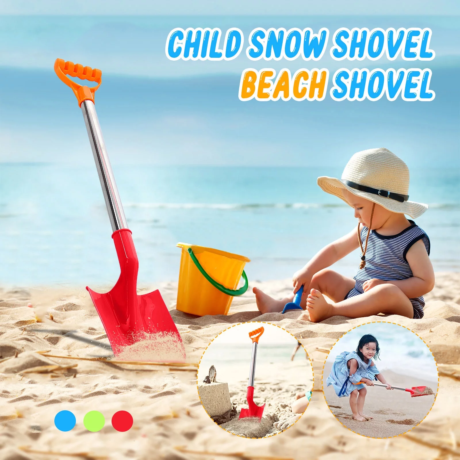Beach Shovels for Kids, 24.4 Inch Long Sand Shovels Gardening Tools Snow Shovel Sturdy Stainless Steel Handle ABS Spade for Digging Sand Shoveling Snow Fun Gift Set