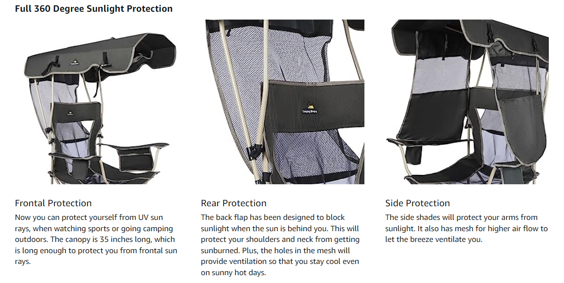 Camping Brothers Green Camping Chair with Shade Canopy Outdoor Folding Chair