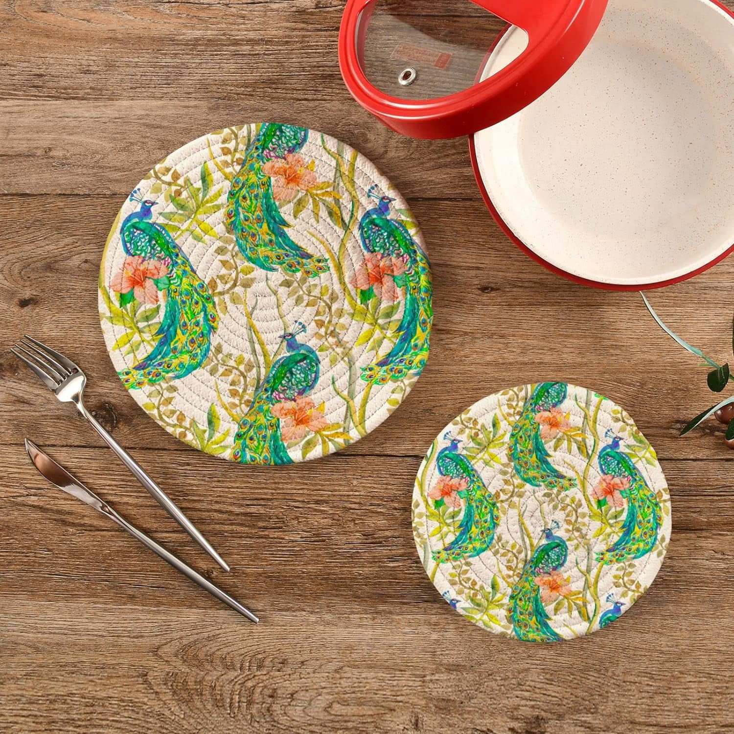 SKYSONIC Peacock Floral Pink Pot Holders Trivets, 2 Pcs Heat Resistant Trivets,Flowers Summer Cotton Thread Weave Mats for Hot Pads Pans Pot Bowl Teapot for Kitchen Decor