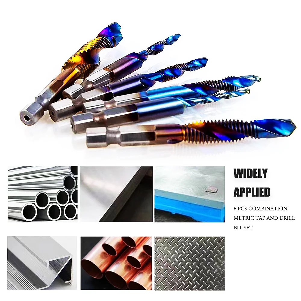 Metric Tap and Drill Bit Set Combination HSS Blue Coating Twist Drill Tap Combination Bit Set 6PCS with 1/4” Hex Shank Spiral Flute
