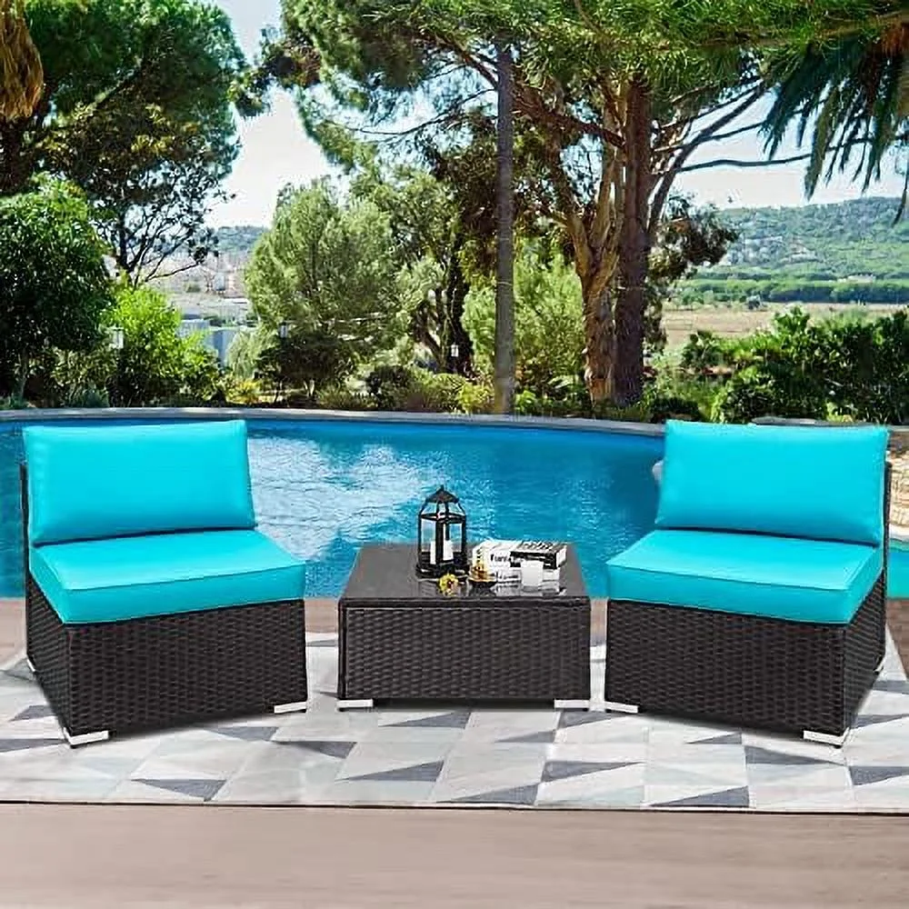 ASDRFYU 3-Piece Outdoor Patio  Set Bistro Rattan Conversation Chat Sets Armless All Weather PE Wicker Outside Chairs with Glass Coffee Table and Blue Cushions