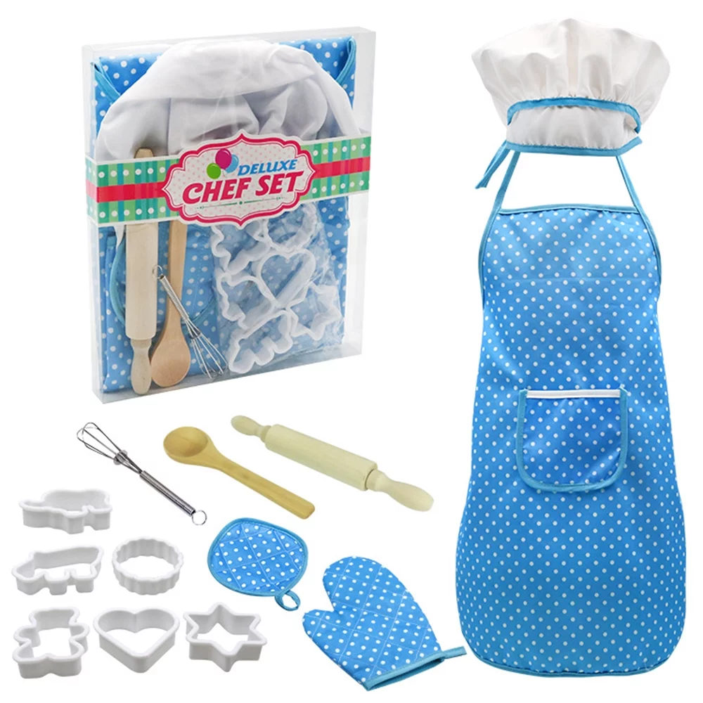 Cooking and Baking Set 13 PCS with Hat Apron Oven Mitt Kitchen Utensils Role Playset Gift for Boys (Blue)