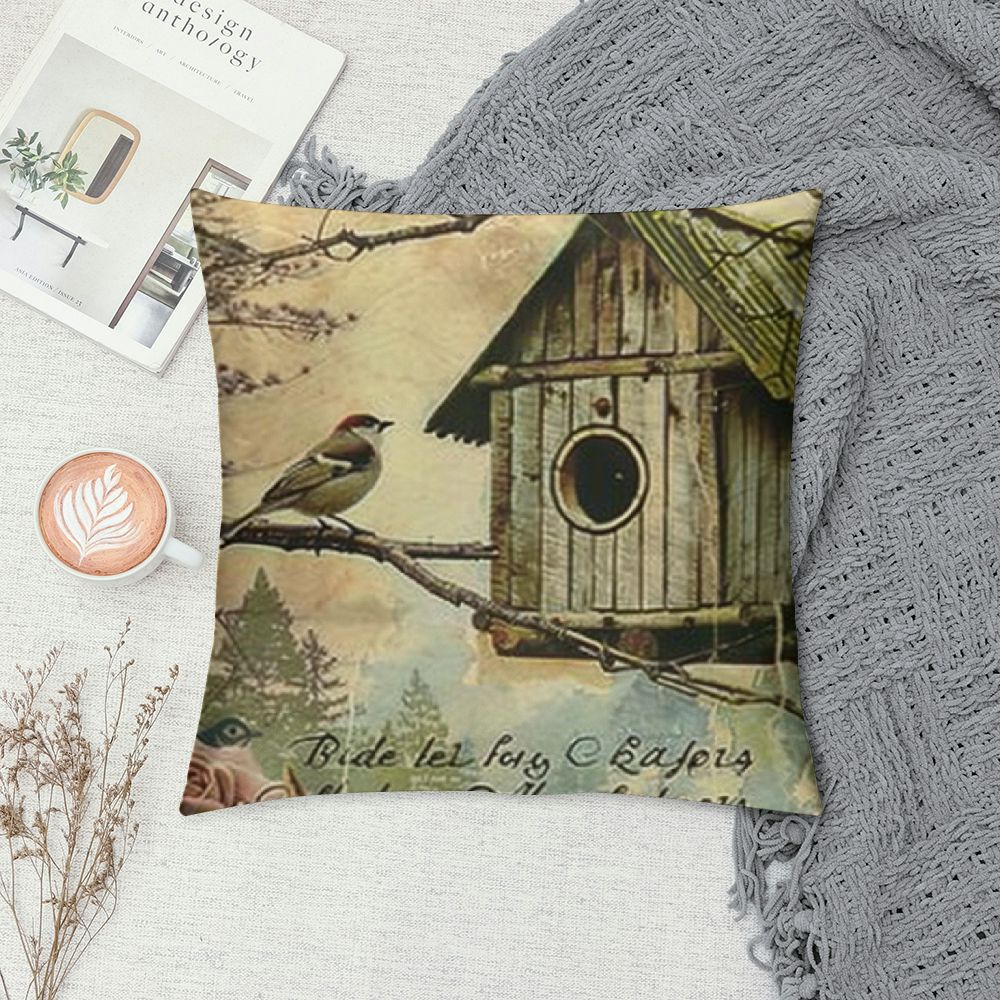 Qlloopoed Vintage Mountain Lake Cabin Scenery Pillow Covers Decor Warm Memories Quote with Robin Bird Nest Throw Pillow Case Square Cushion Cover for Chair Couch White
