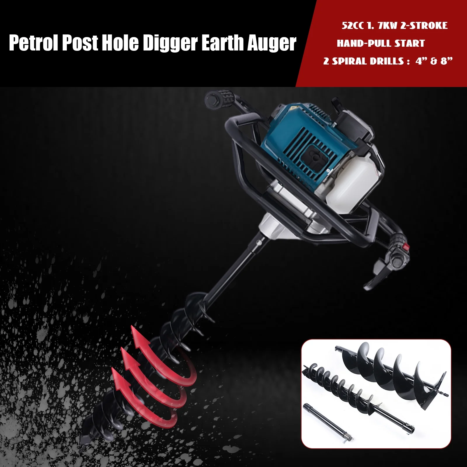 Fichiouy 52cc 2 Stroke Post Hole Digger Gas Powered Earth Auger with 4