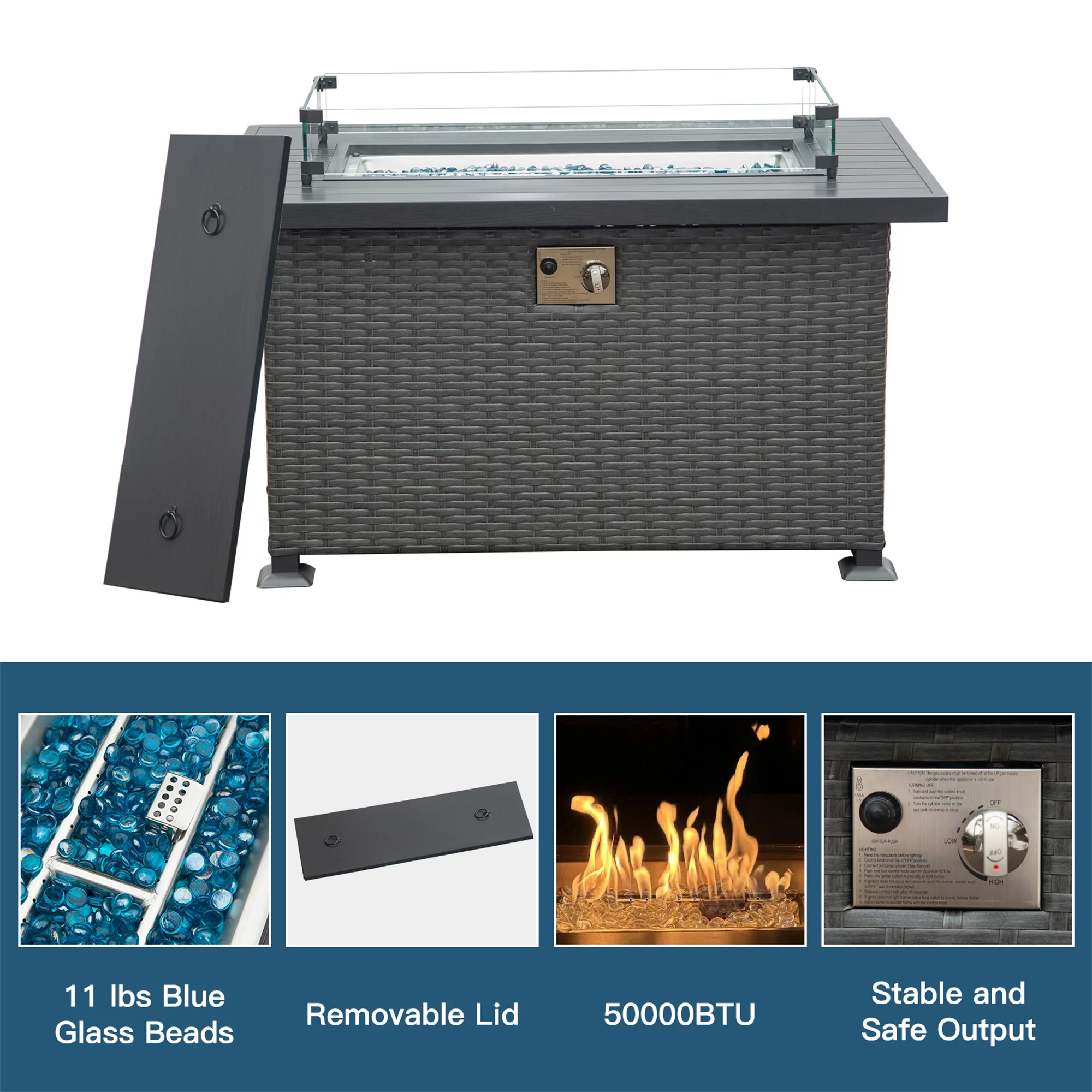 CoSoTower 43.3 Inch Fire Pit Table with Glass Wind Guard, 50, 000 Btu Smokeless Fire Pits for Outside with Aluminum Tabletop, Outdoor Wicker Gas Fire Pits for Patio