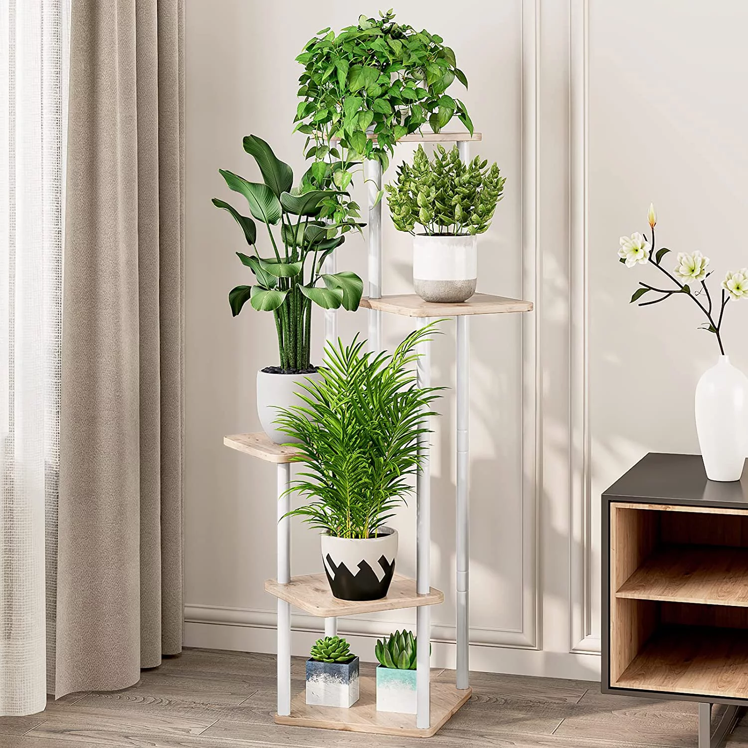 Plant Stand 5 Tier Indoor Metal Flower Shelf for Multiple Plants Corner Tall Flower Holders for Patio Garden Living Room Balcony Bedroom, Black (5 Tier-White)