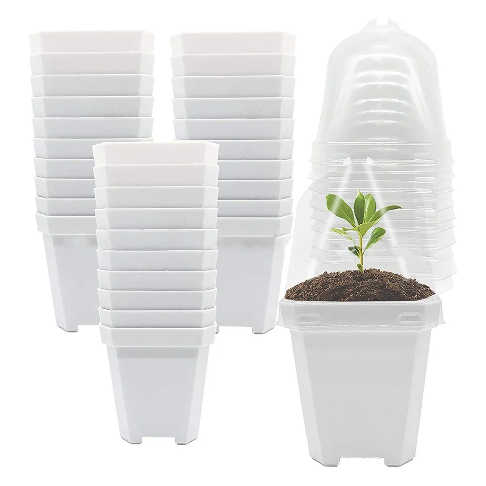 10 Pcs Plant Nursery Pots with Humidity Dome Small Plastic Square Flower Pot